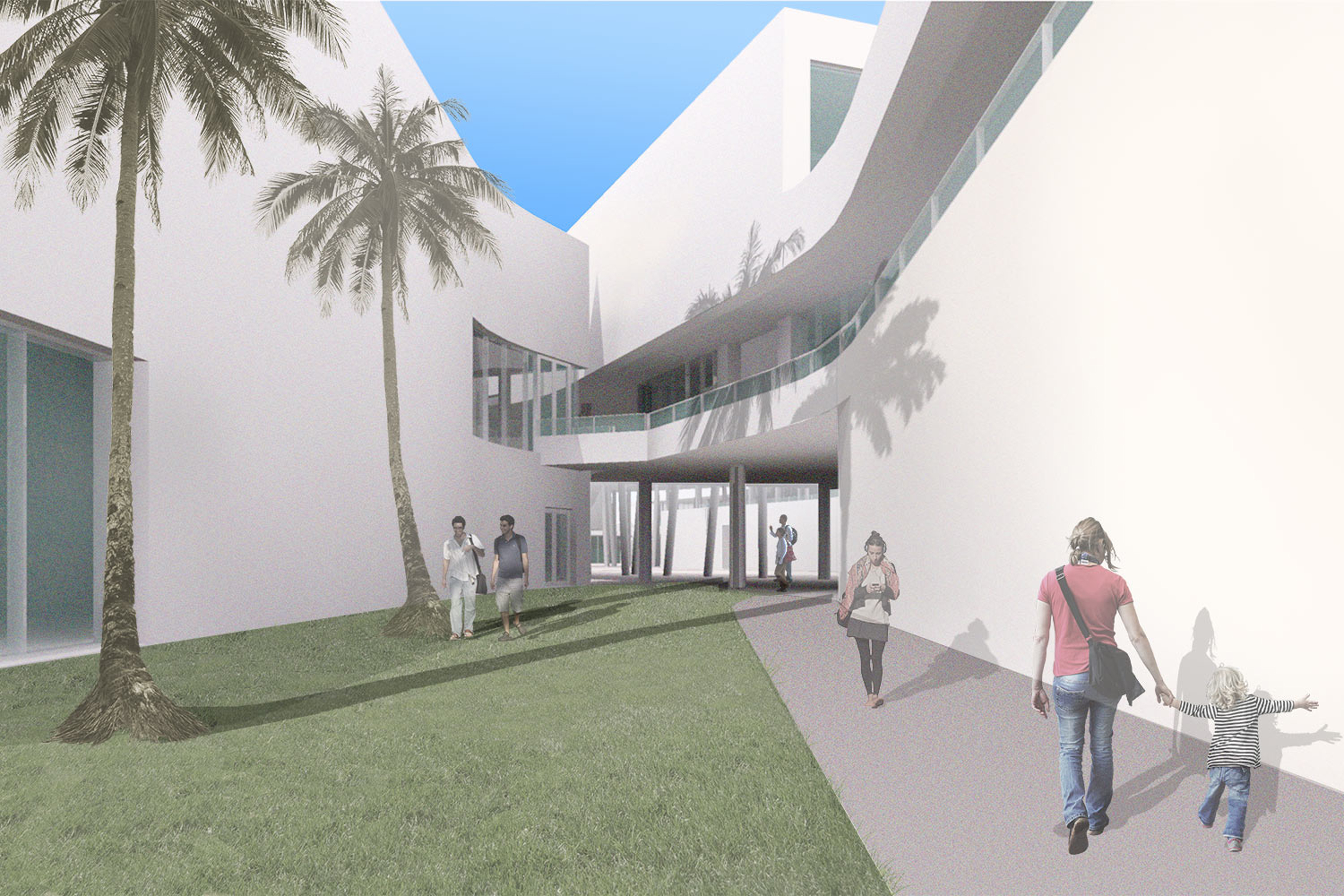 Rendering of people passing in exterior corridor, palm trees on grass and paved walking area to the right