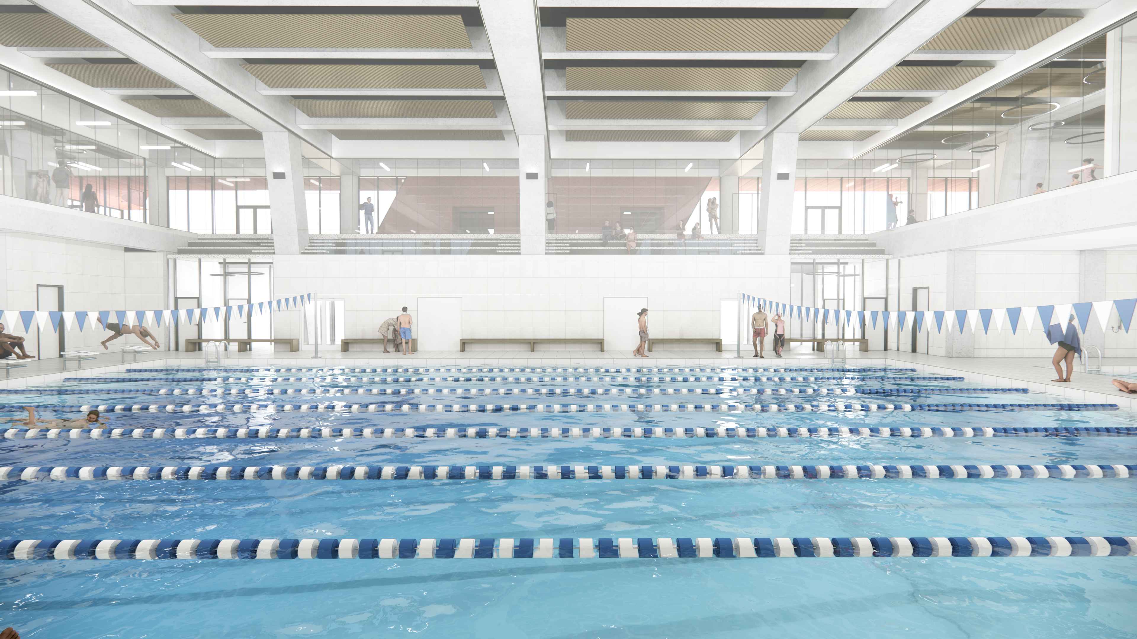 Rendering of swimming pool with lane markers and flags to the right