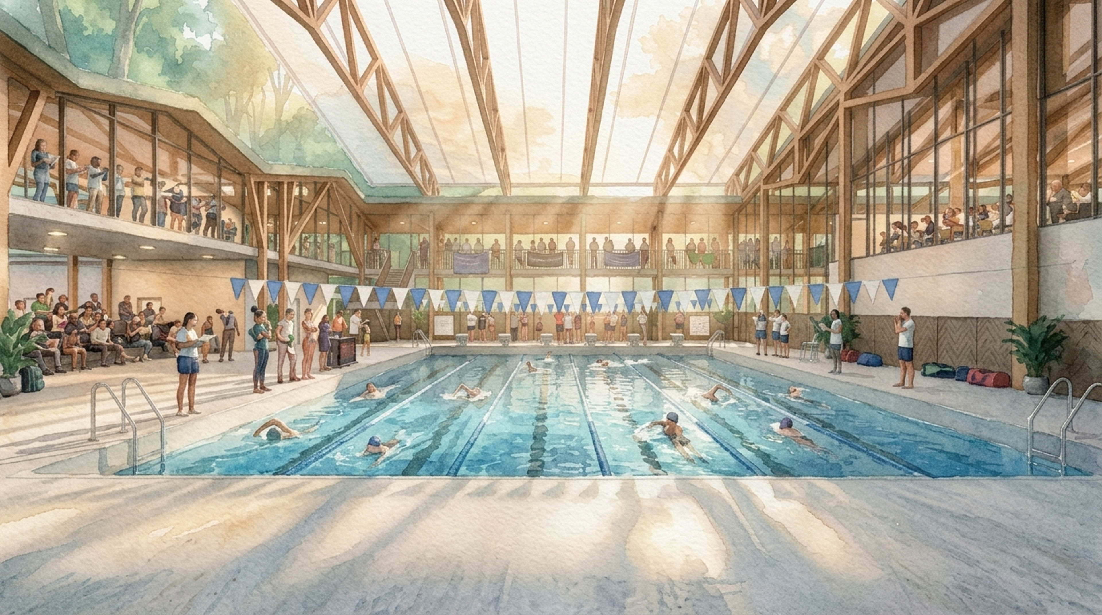 Watercolor rendering of swim meet in covered pool area and light pouring in