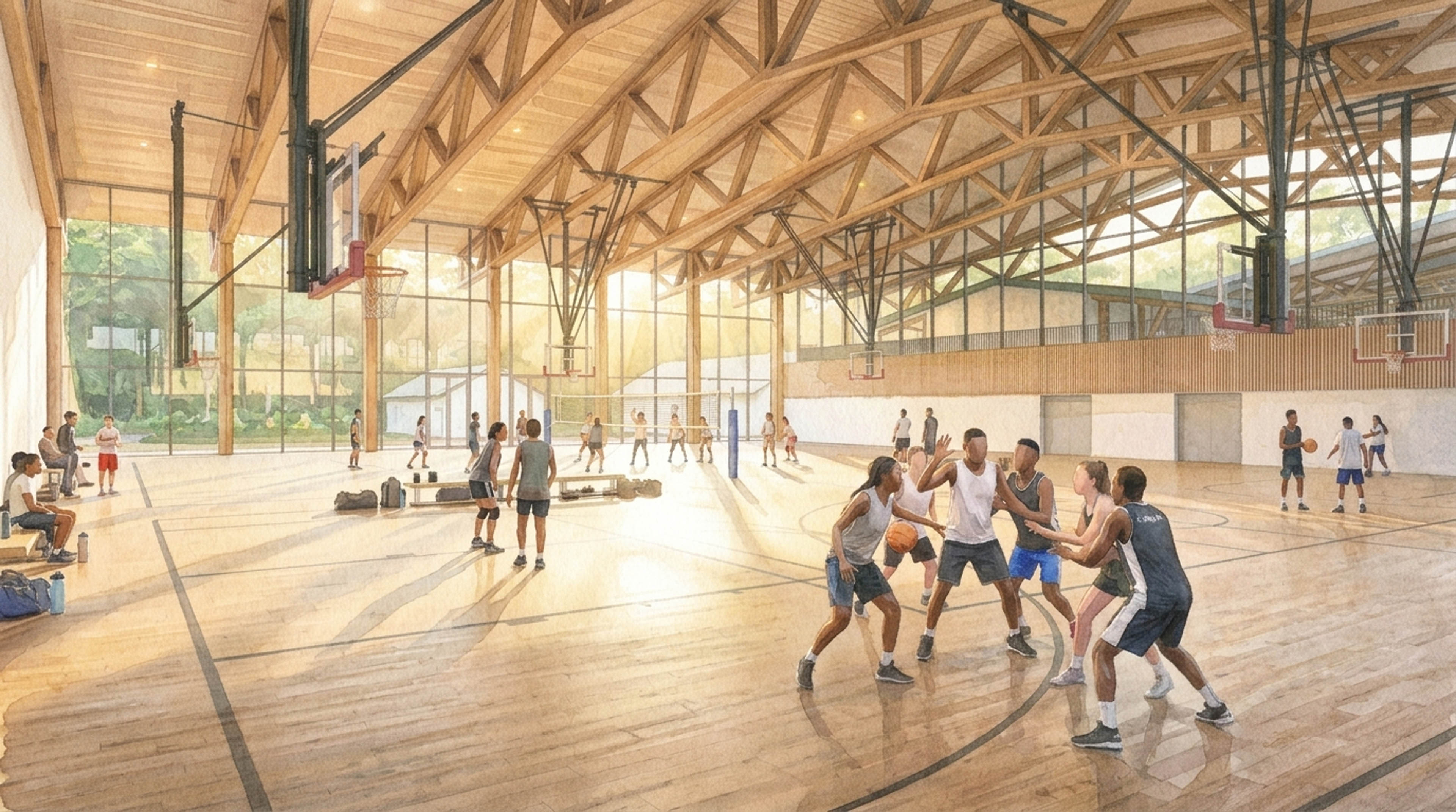Watercolor rendering of students playing basketball in gymnasium with light pouring in