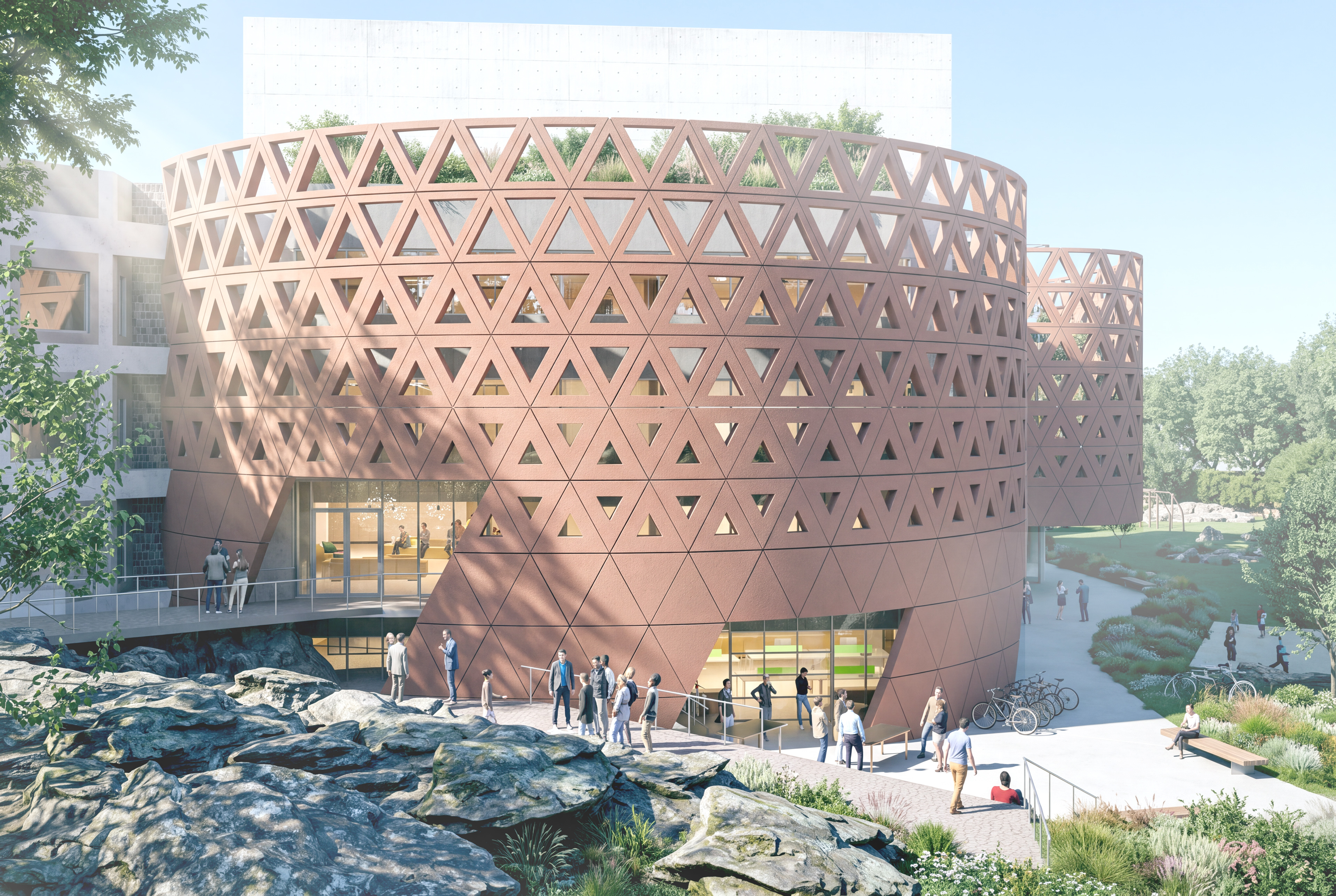 Rendering of side angle view of building with rock formation to left and walkways to the right