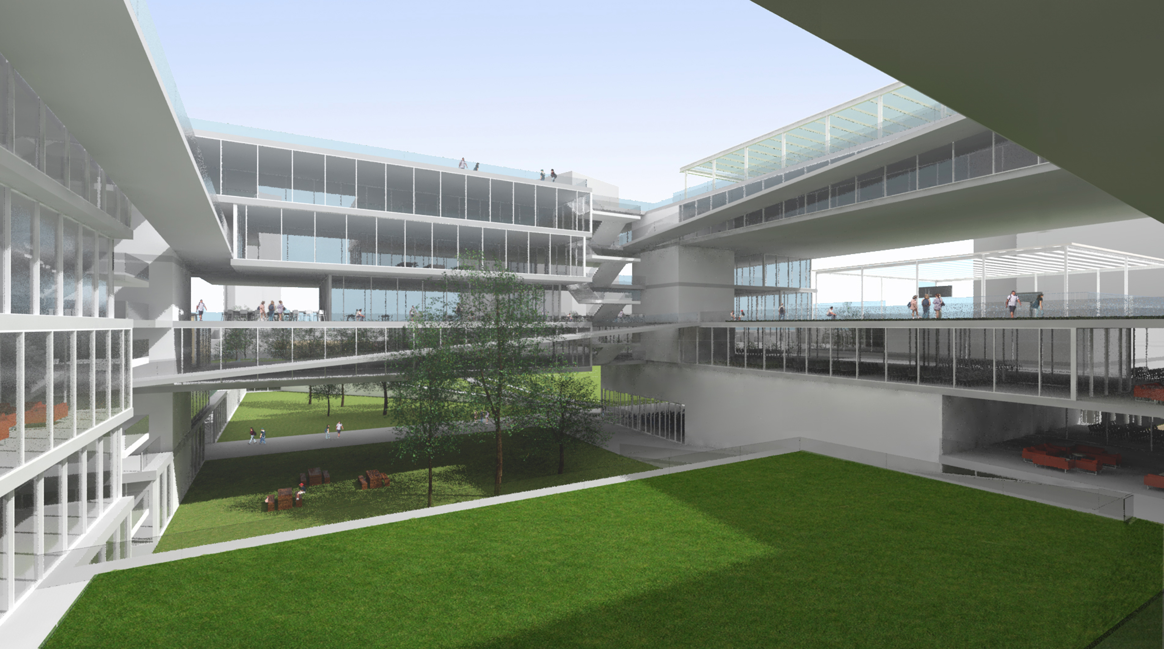 Rendering from center lawn with building on all sides and sky above