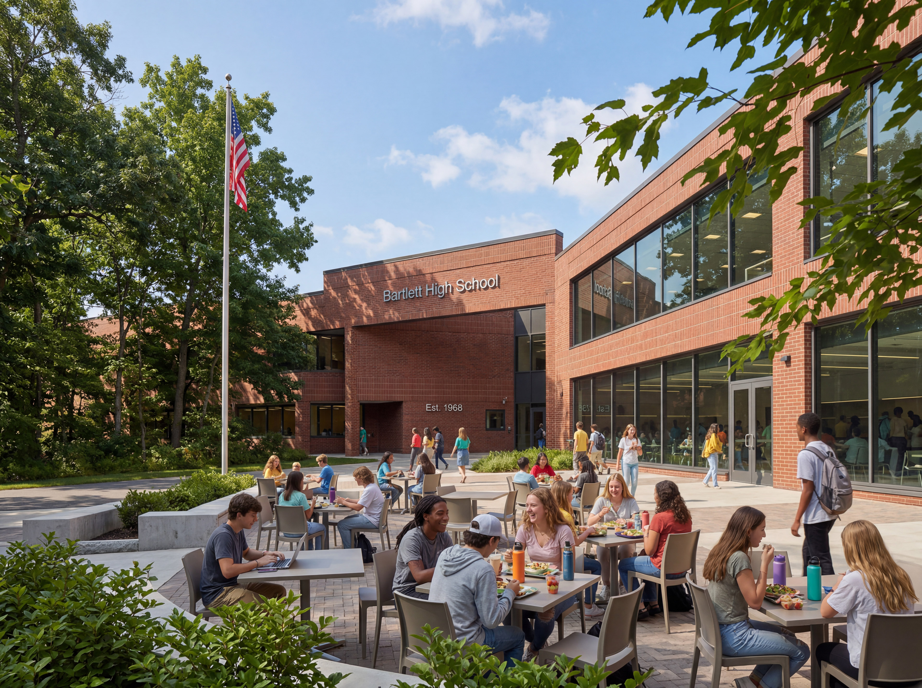 Students eating at outdoor cafeteria tables in front of school entrance with flag pole and trees to the left