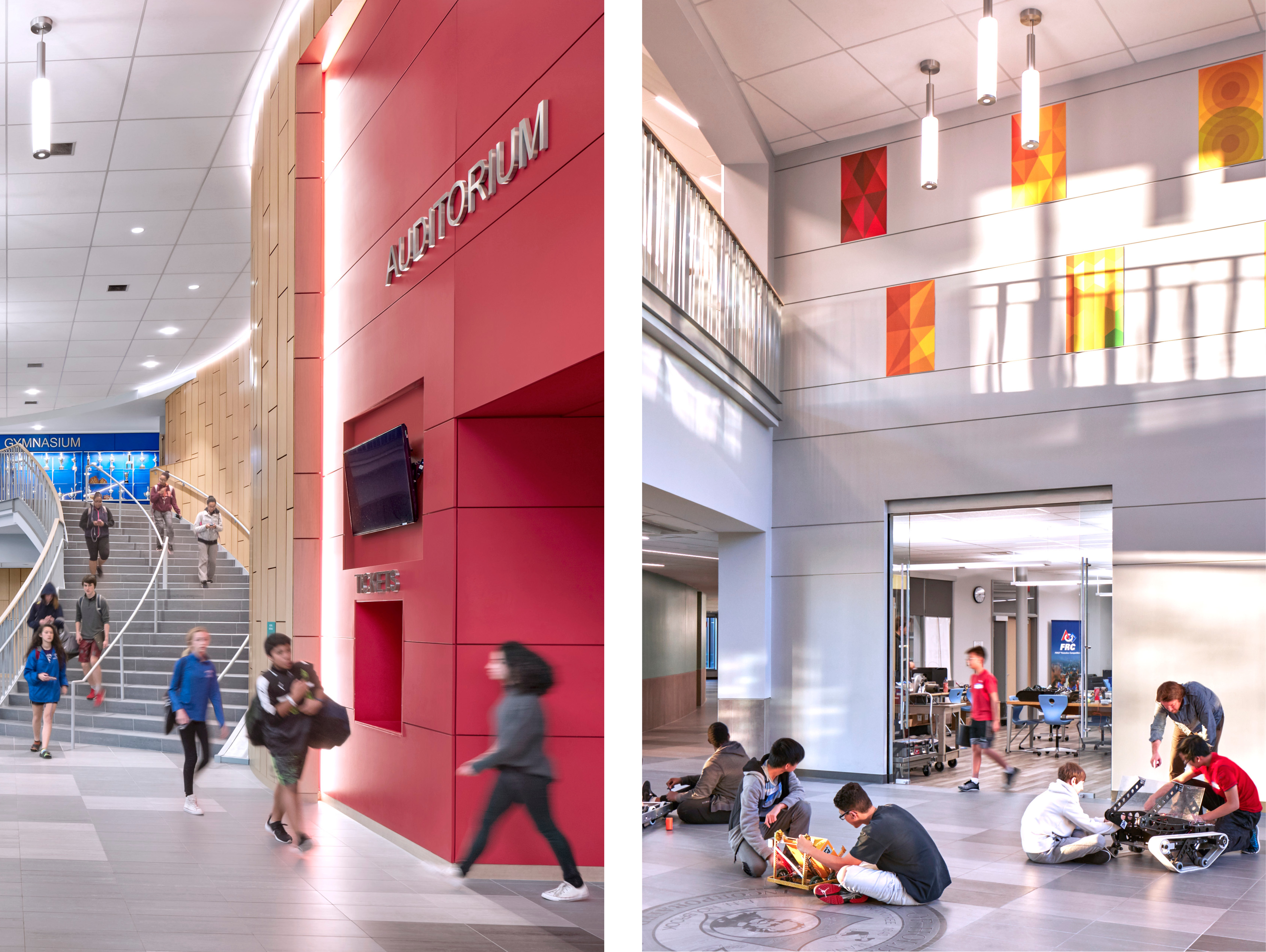 Left image: red auditorium entrance on the right and curving staircase with students to left. Right image: students seated on floor with robotics with classroom behind, yellow/orange artwork on second floor with light coming in