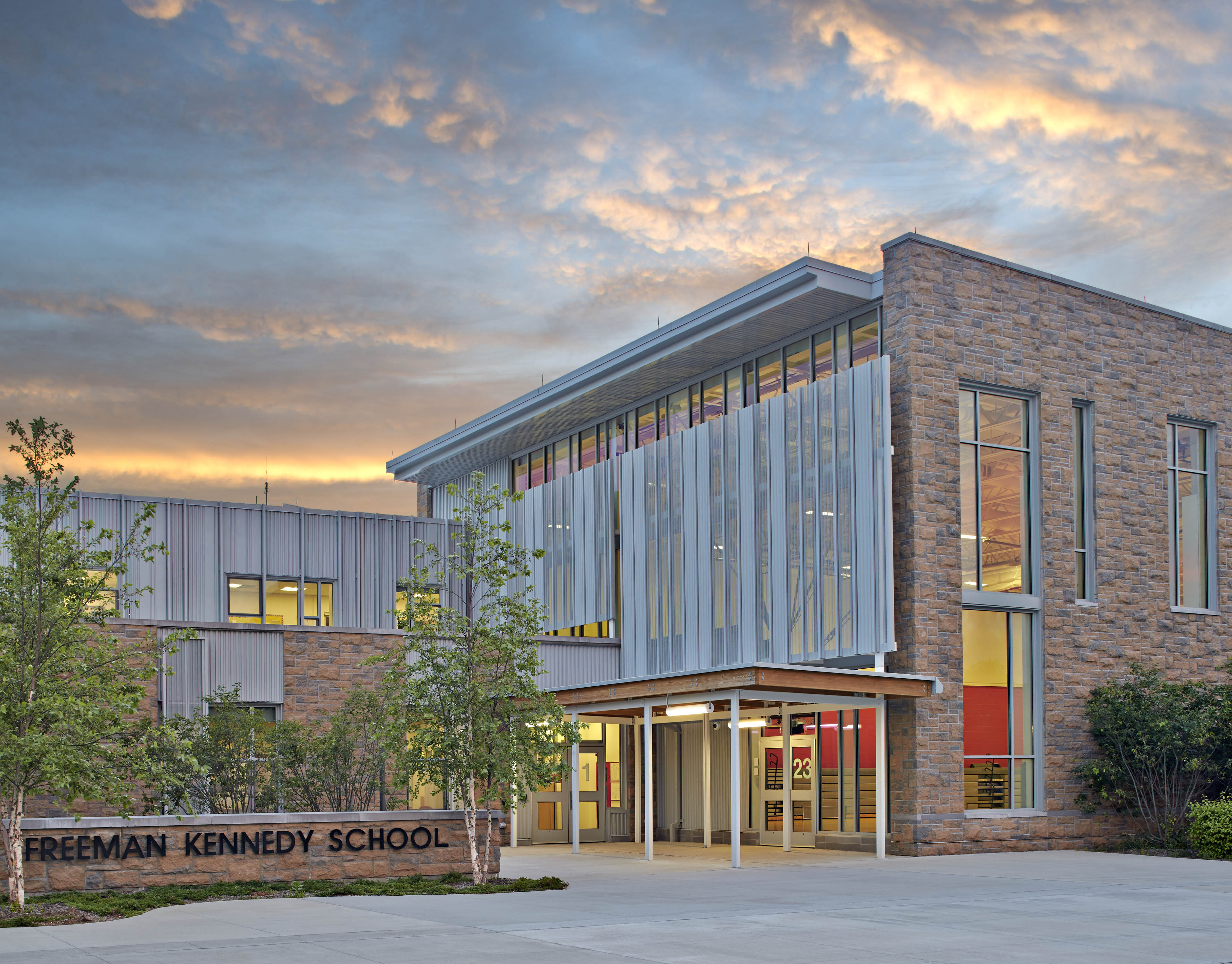 View of entrance with sunset sky behind