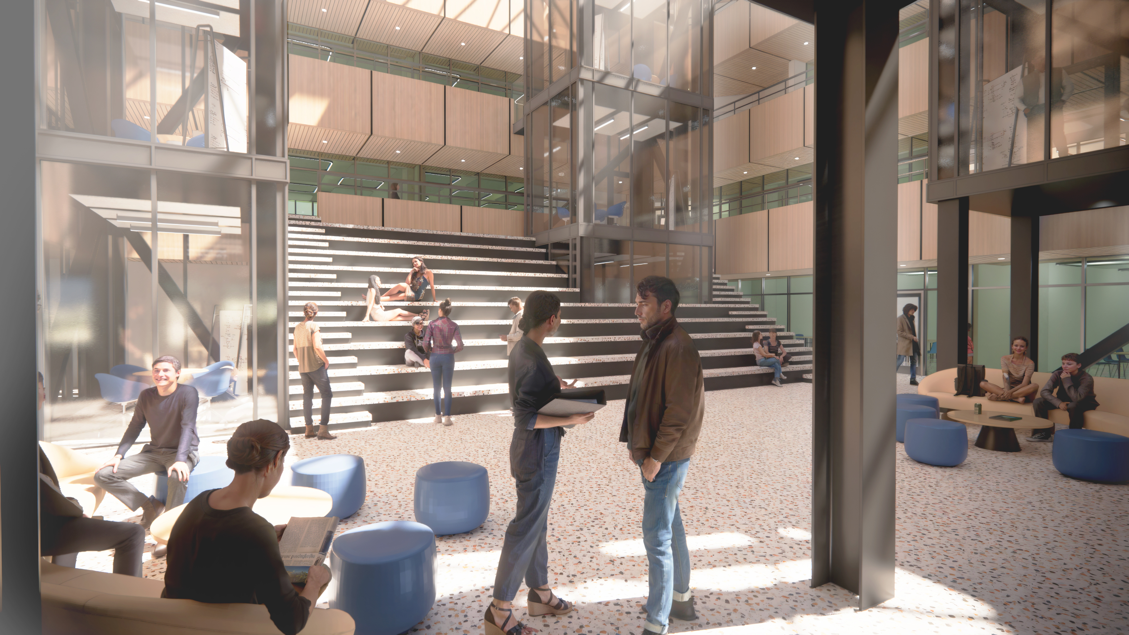 Rendering of atrium with students congregating on stairs and lounging chairs