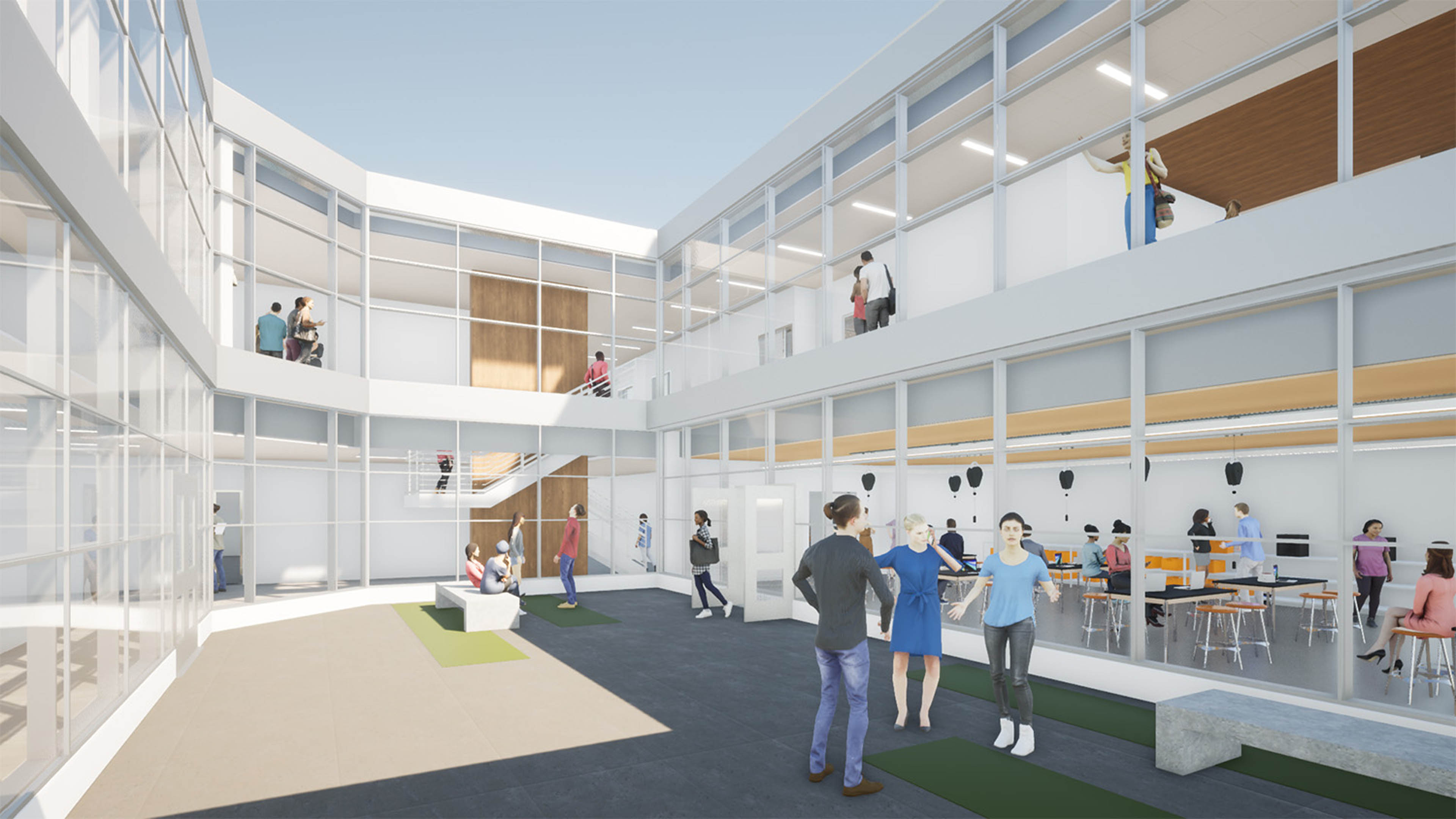 Rendering of students chatting in courtyard with building surrounding on all sides