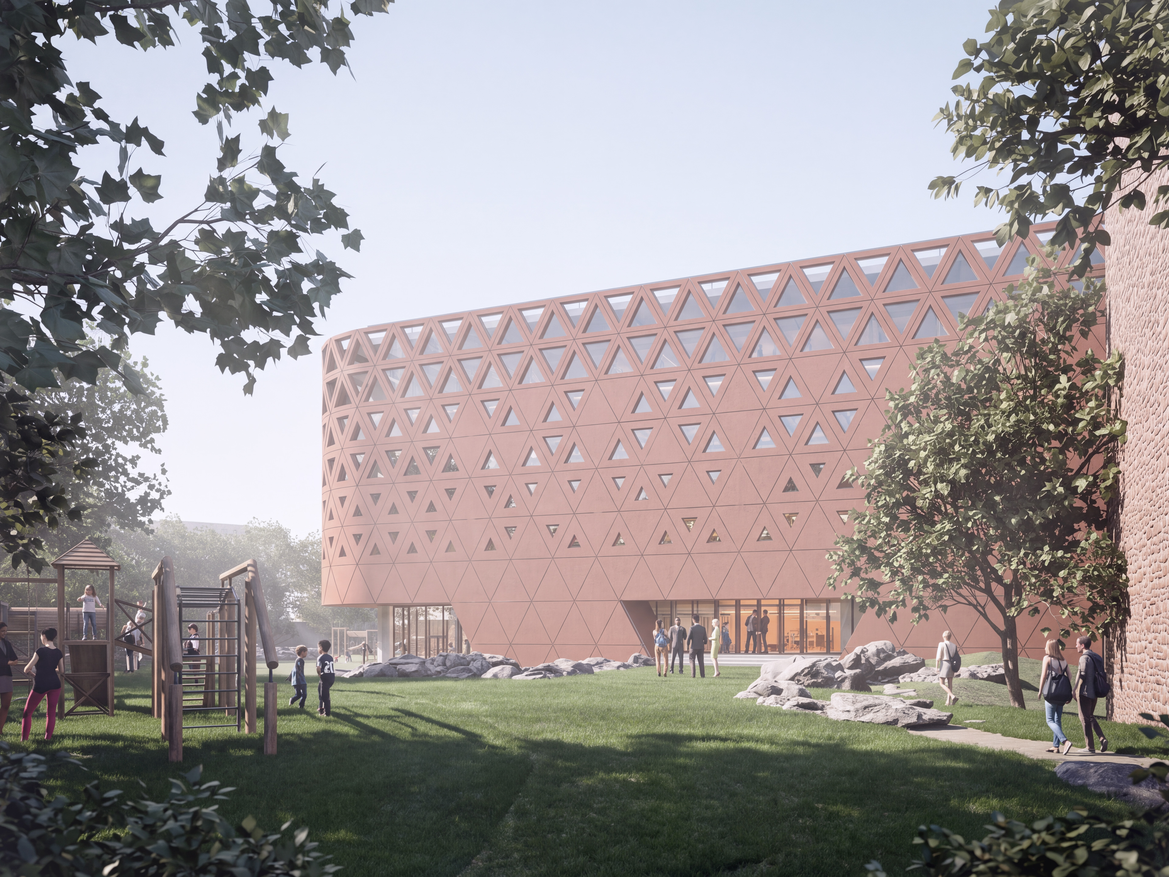 Rendering of exterior with repeating triangular gradually decreasing towards bottom of building. Students on grassy area in front