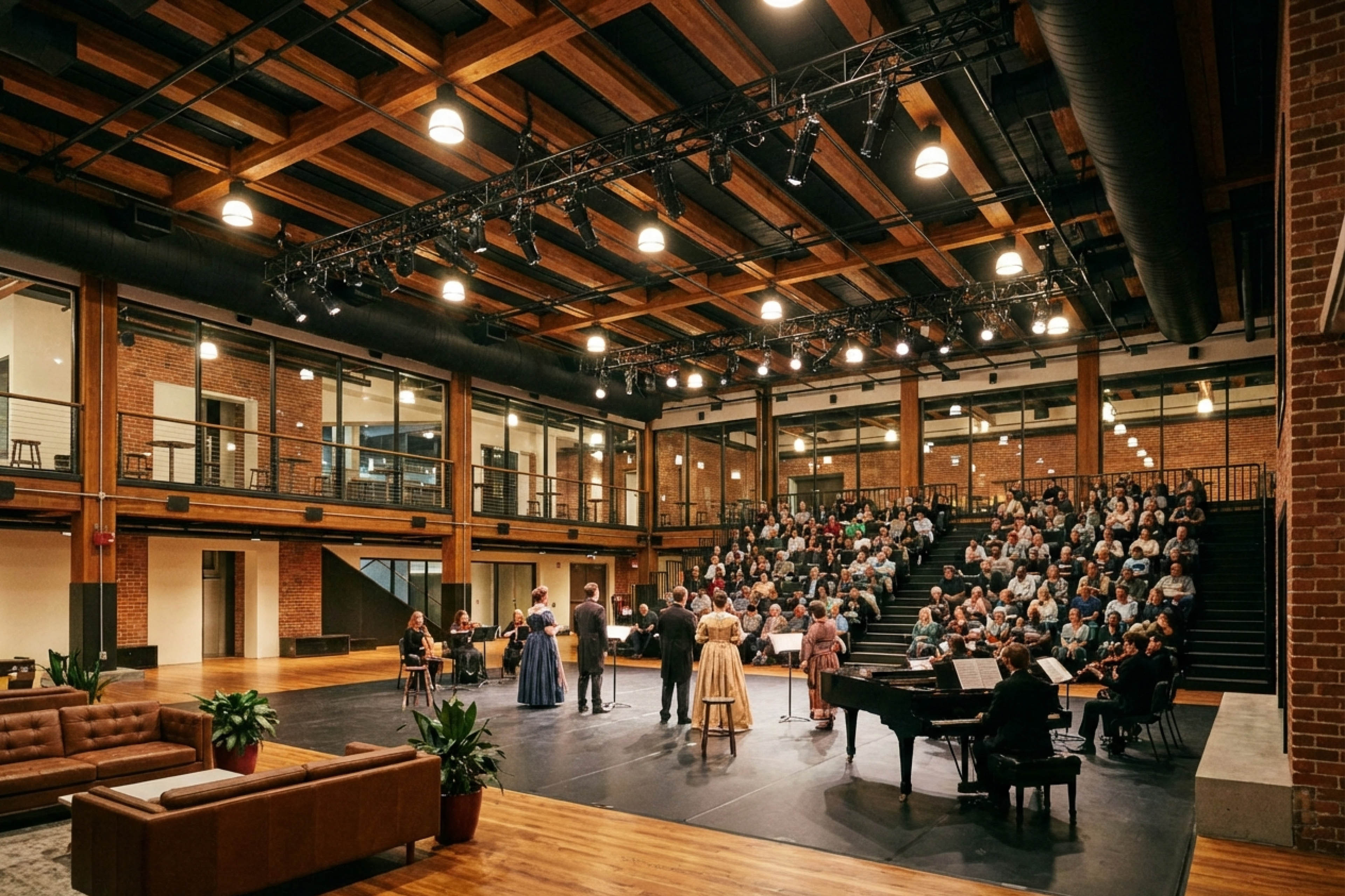 Performers on stage looking out to full house, grand piano the right and couches behing