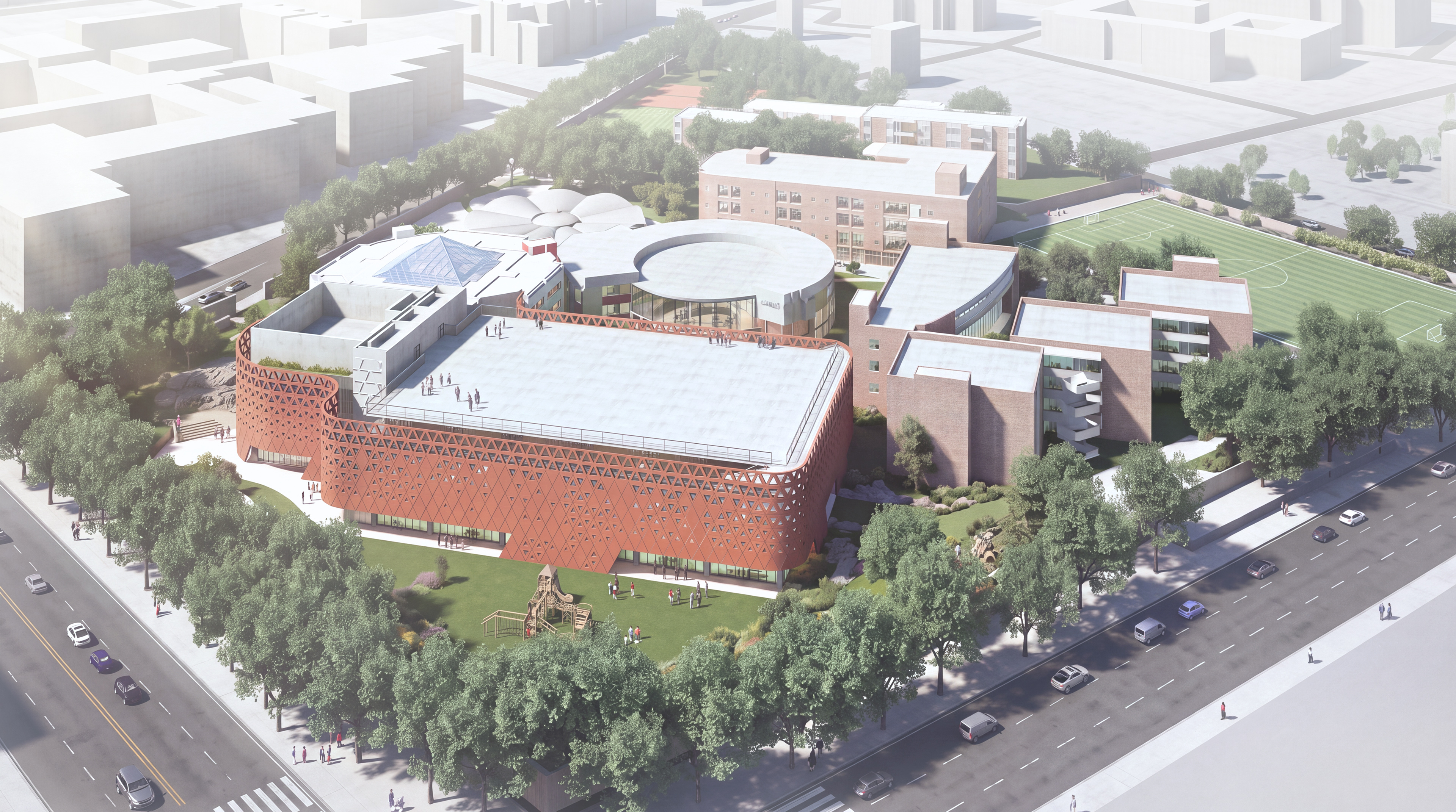 Rendering of aerial overview of campus with tall trees around the exterior 