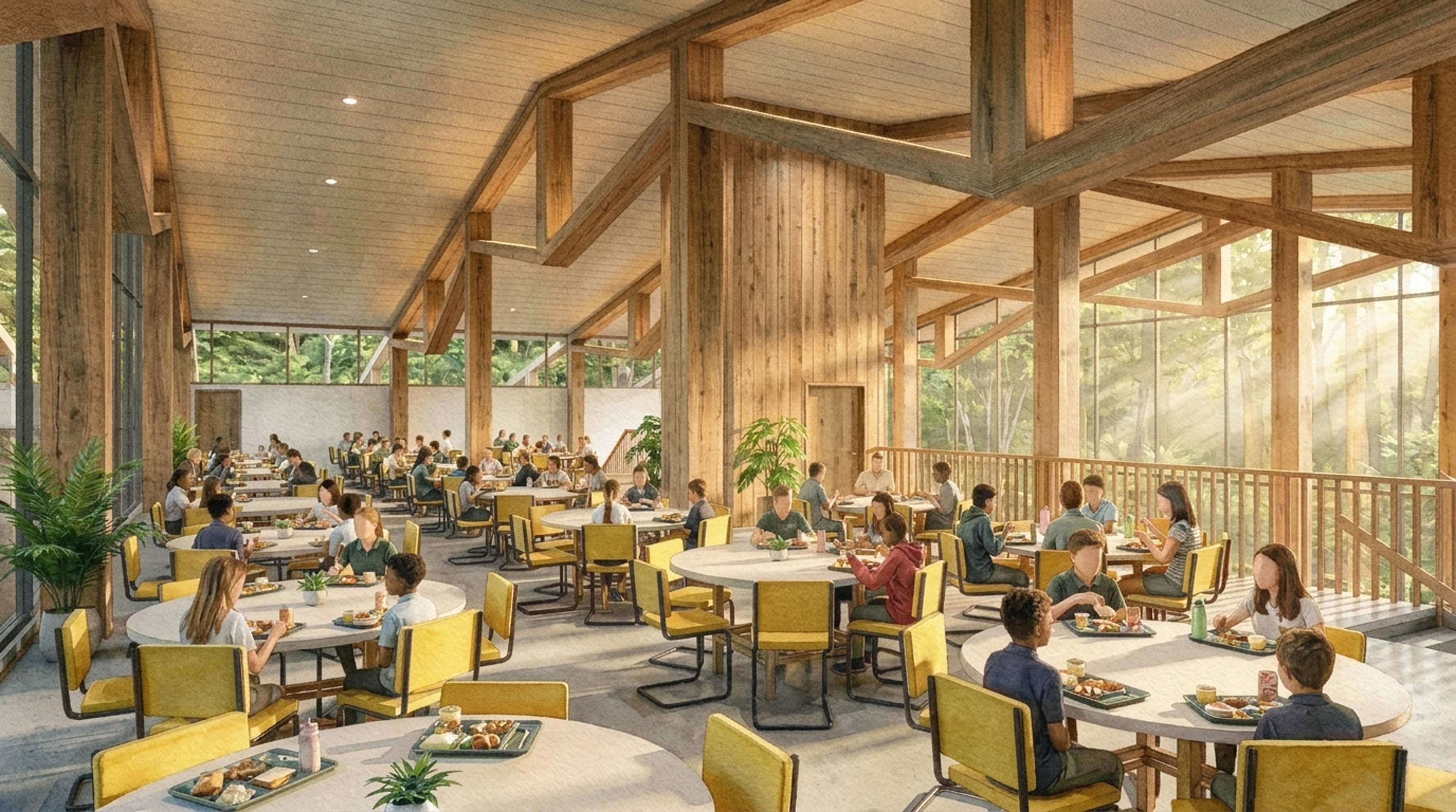 Watercolor rendering of cafeteria with students sitting at tables with light pouring in