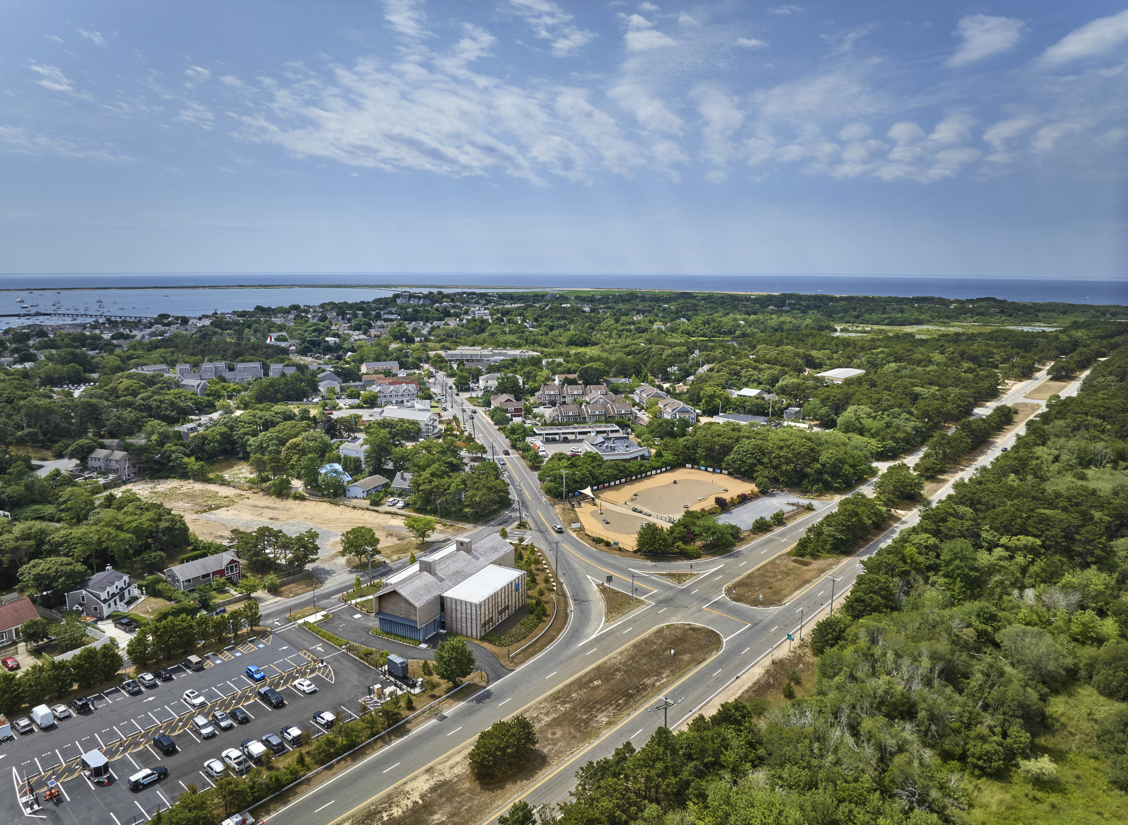 Aerial of police station placement in town