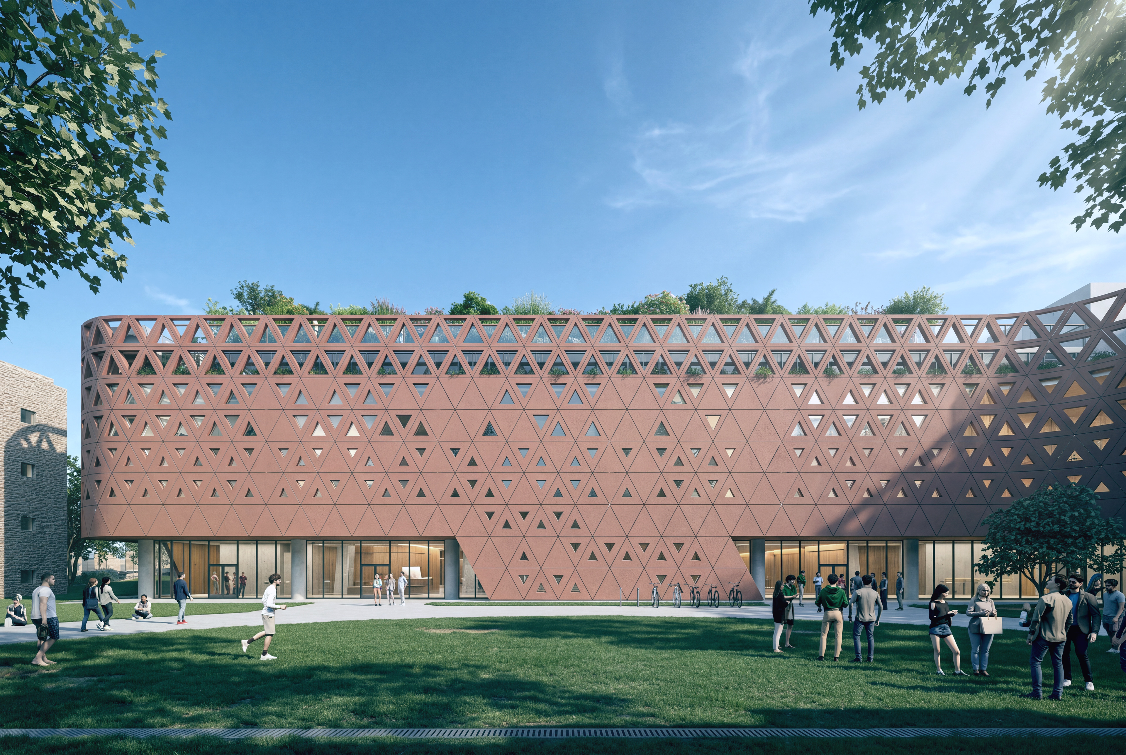 Rendering of exterior of building with students gathered on lawn in front