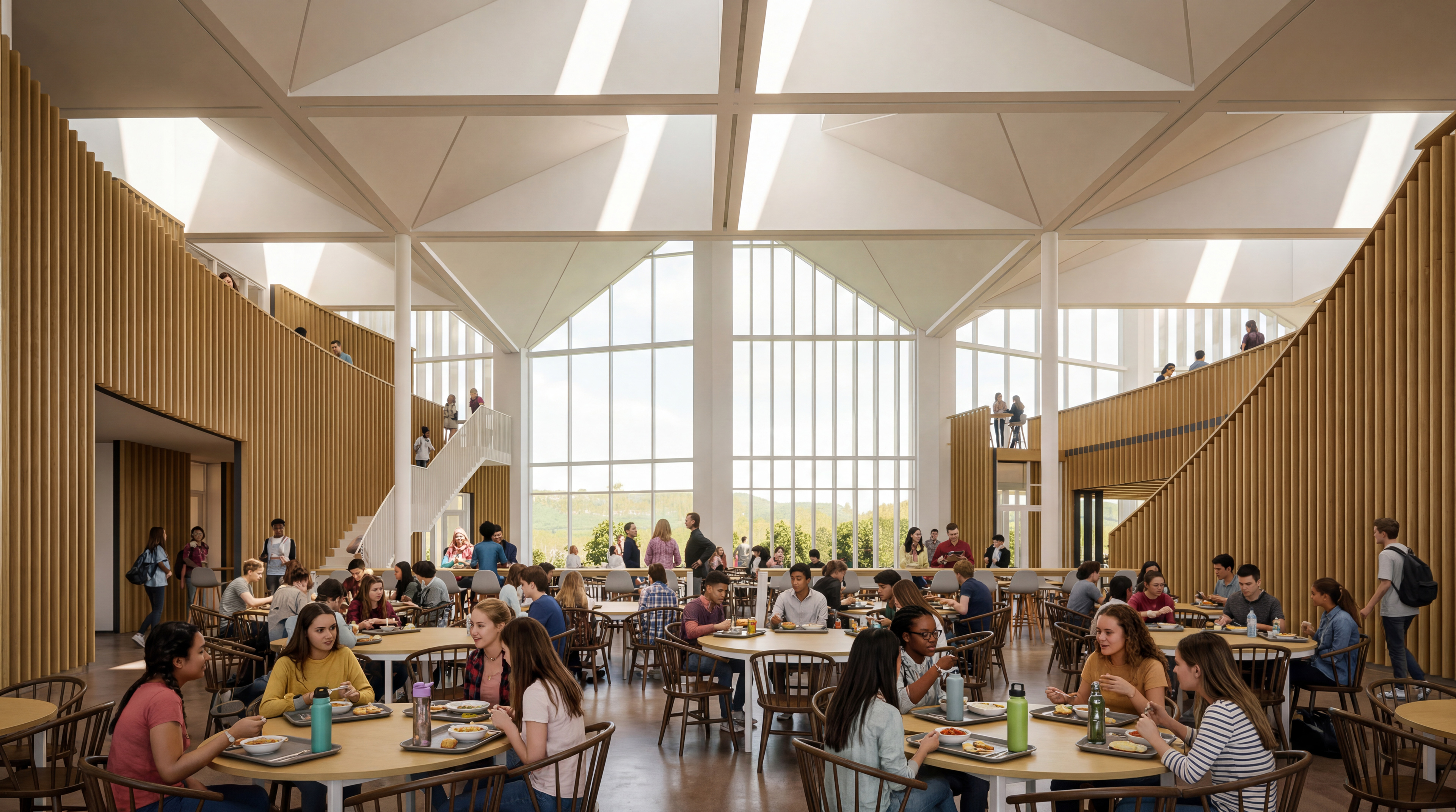 Rendering of cafeteria with students seated around circular tables, floor to ceiling windows on back wall looking out to field
