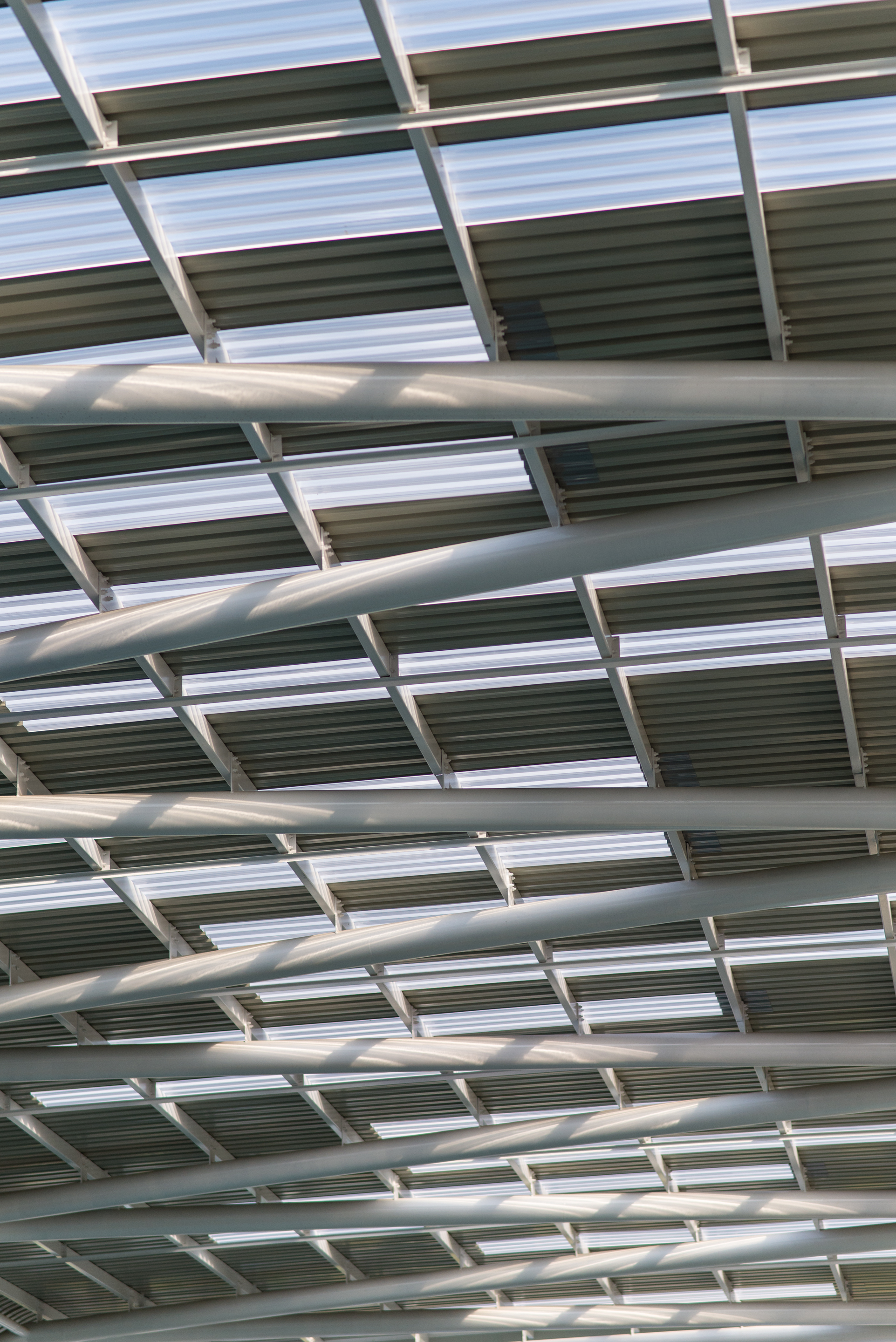 Ceiling Structure with triangulating poles below ceiling letting in light