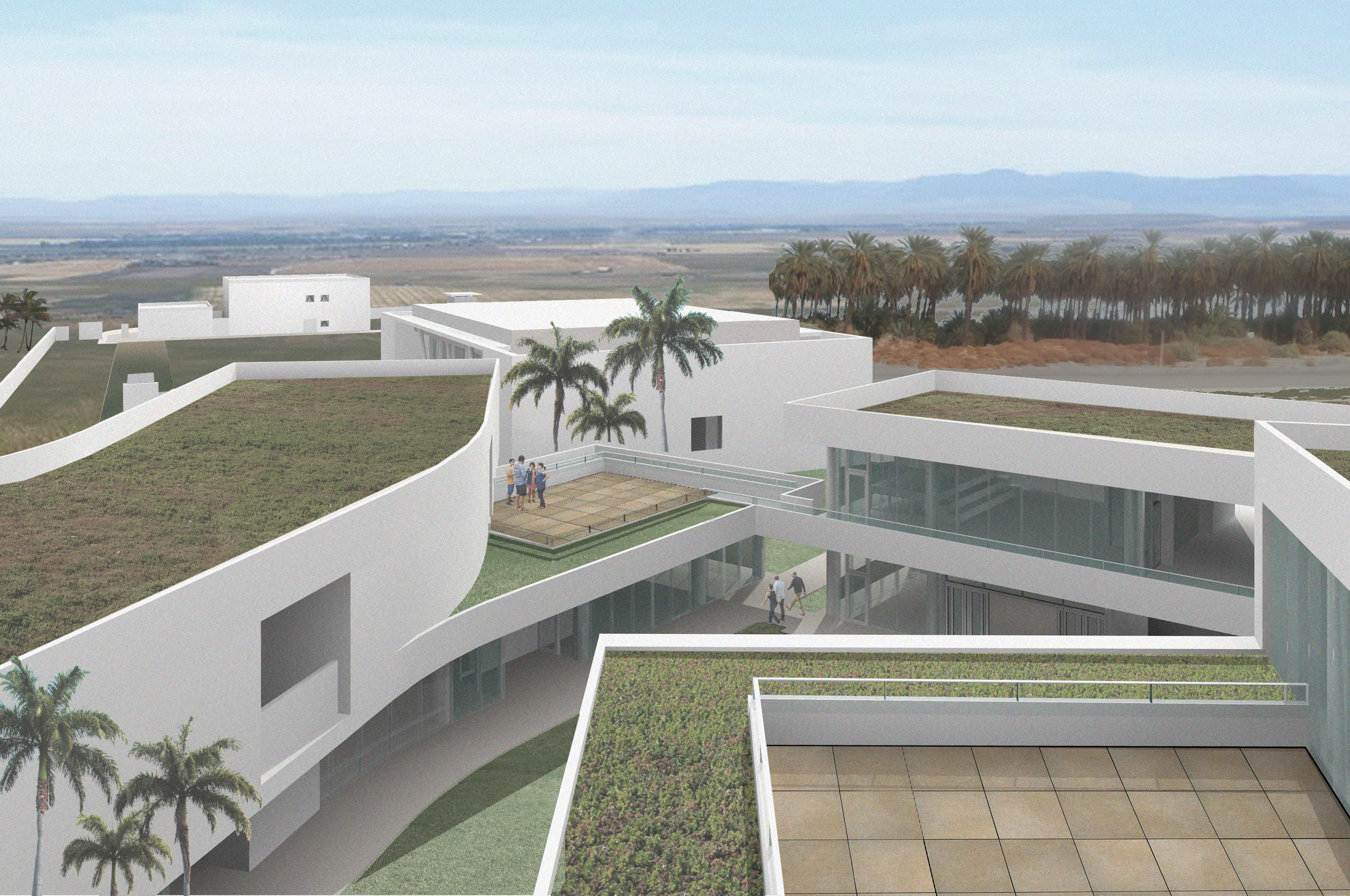 Rendering of aerial view of building, grass and tiled areas on roof with view of palm trees to the right and plains in back