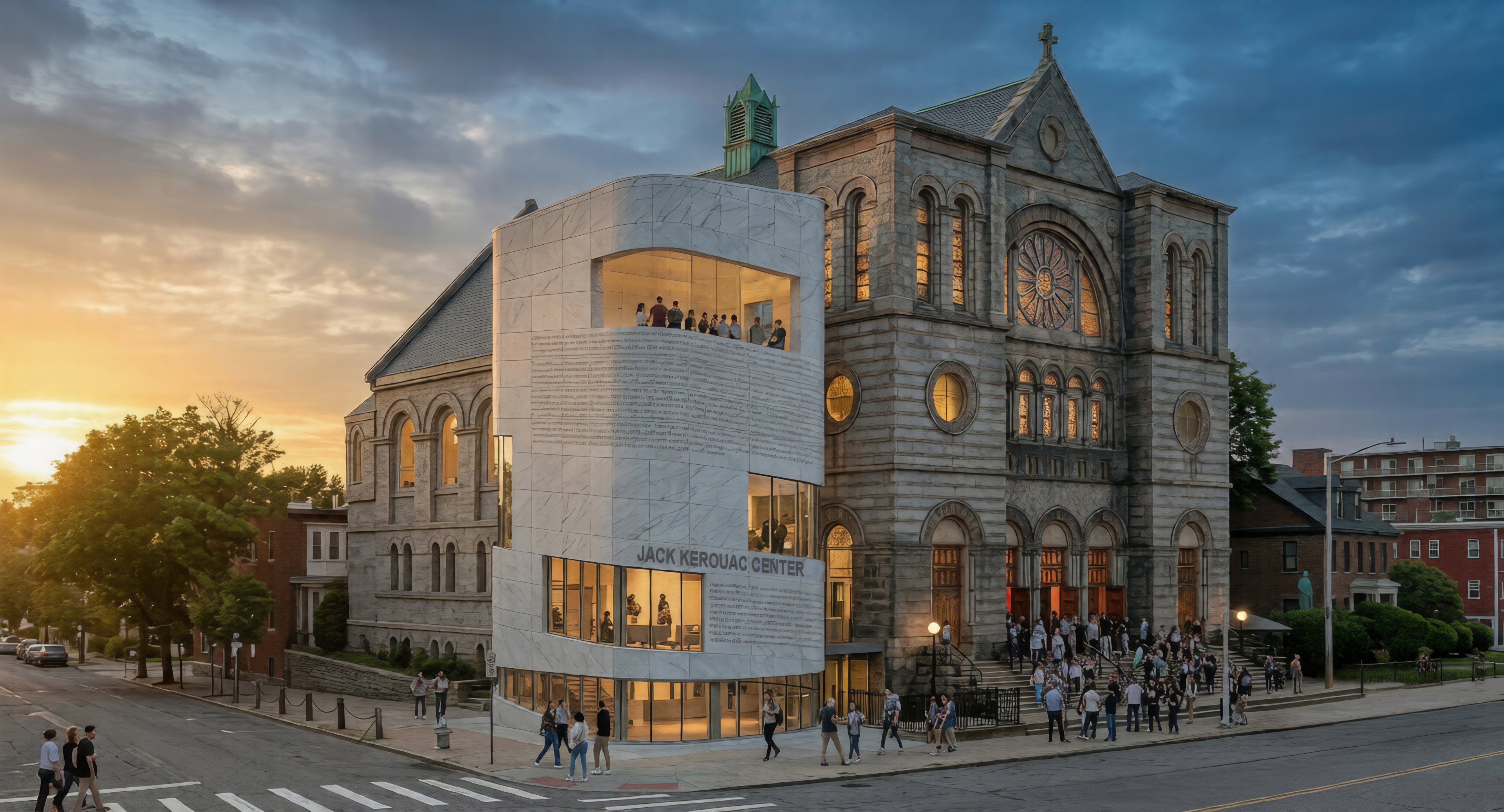Corner view rendering with scroll text covering left building, and Catholic Church to the right
