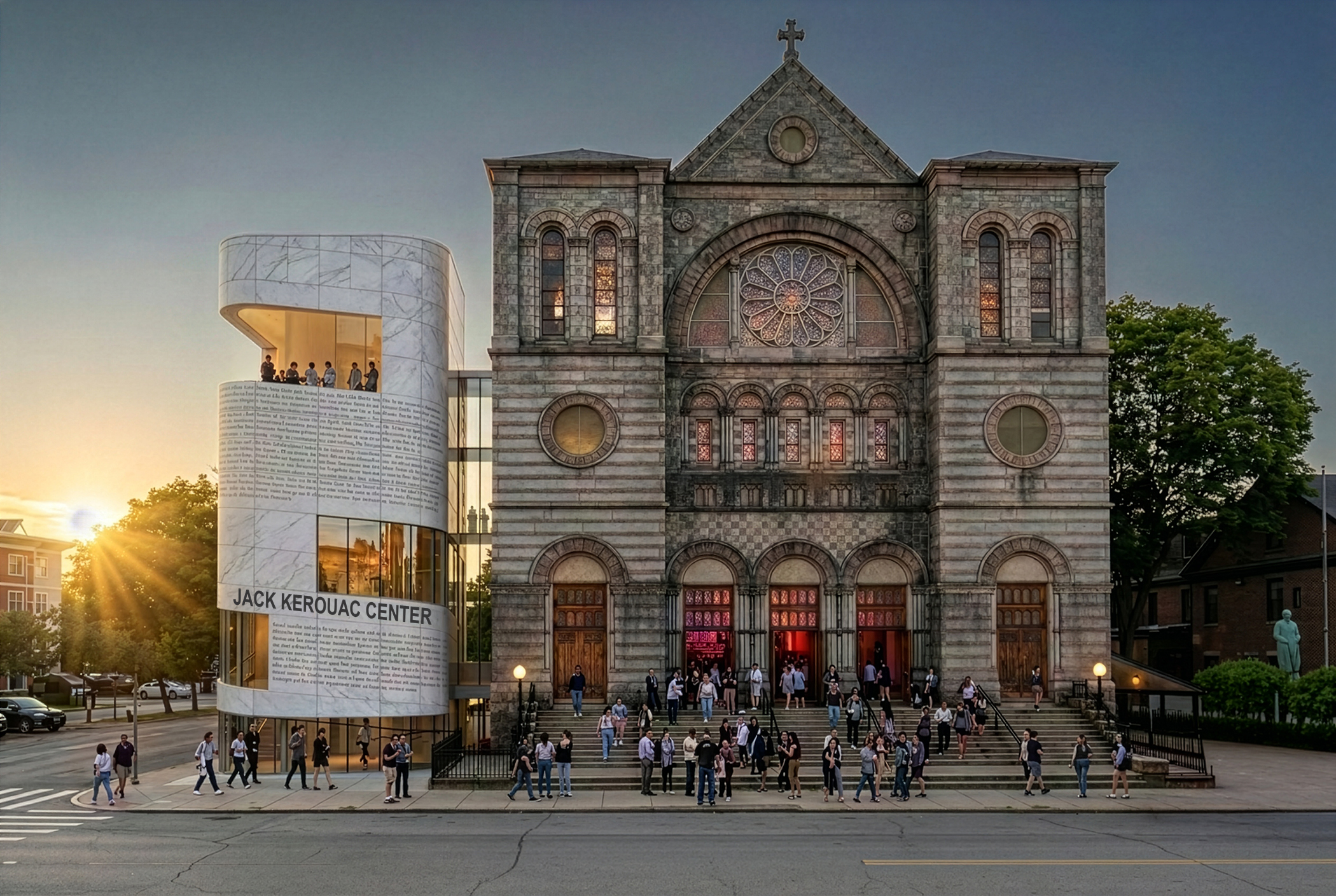 Rendering with scroll text covering left building, and Catholic Church to the right