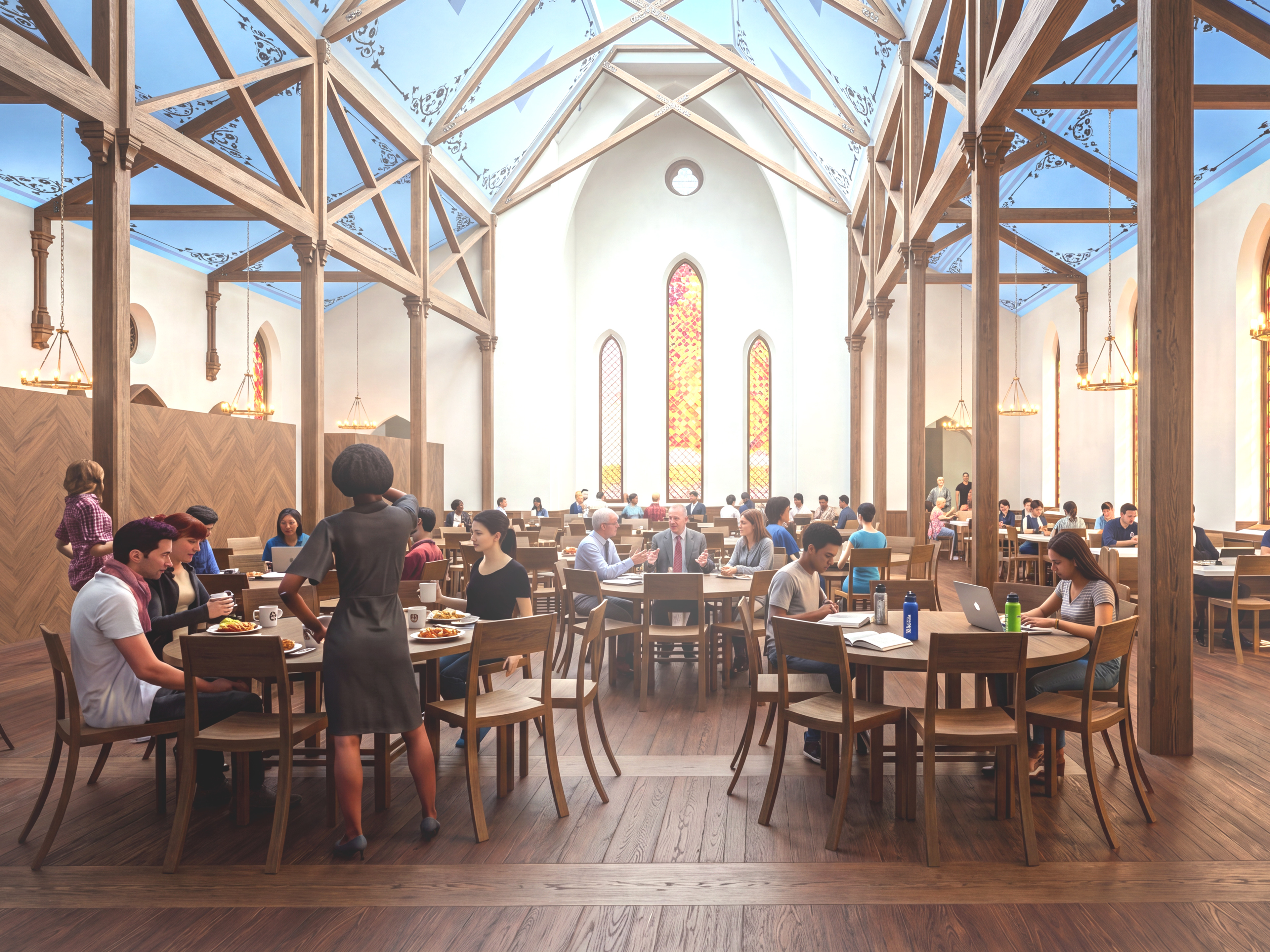 Rendering of students sitting in cafeteria with wood ceiling structures and stained glass in back