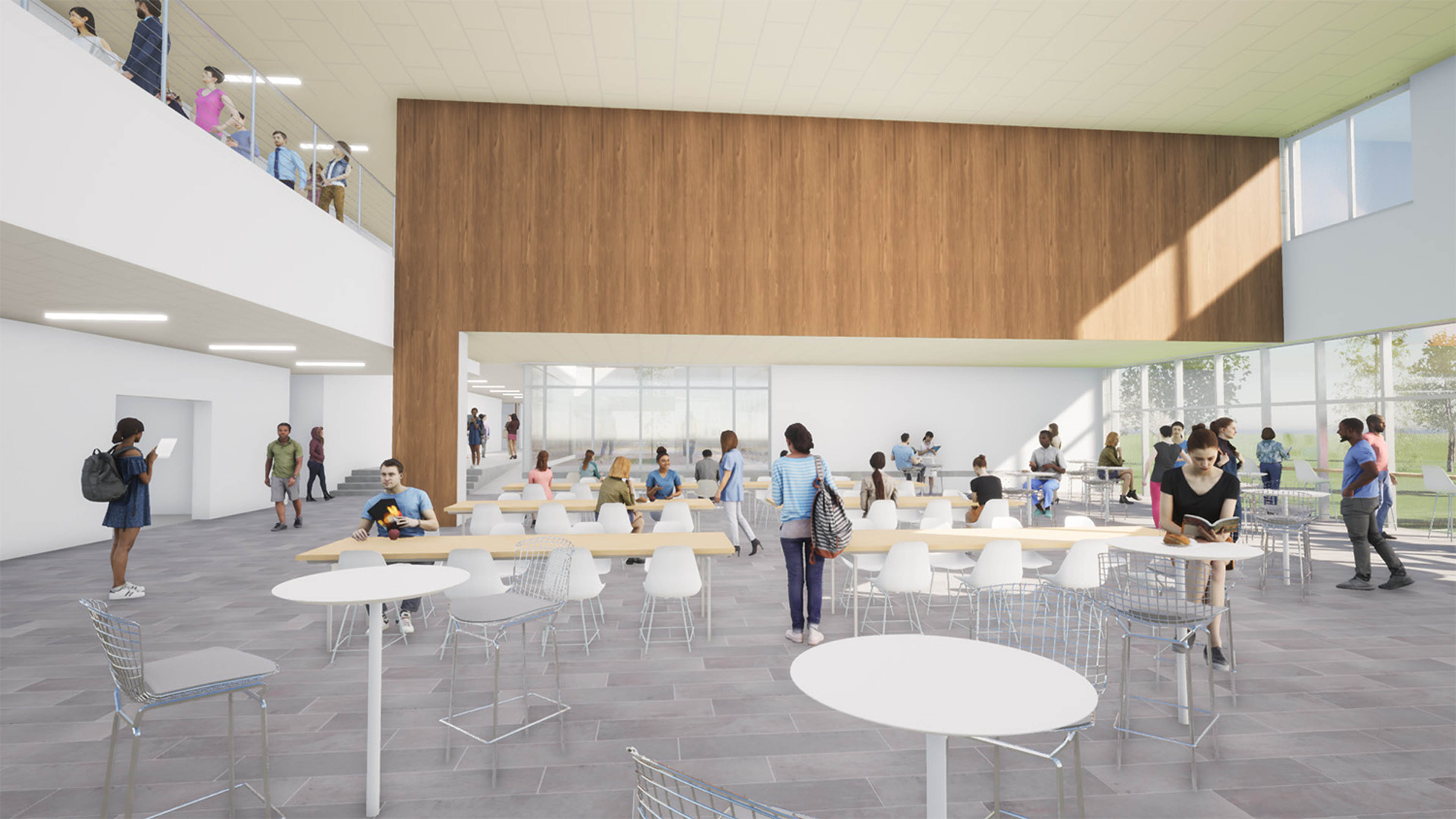 Rendering of cafeteria with long tables and students walking and sitting 