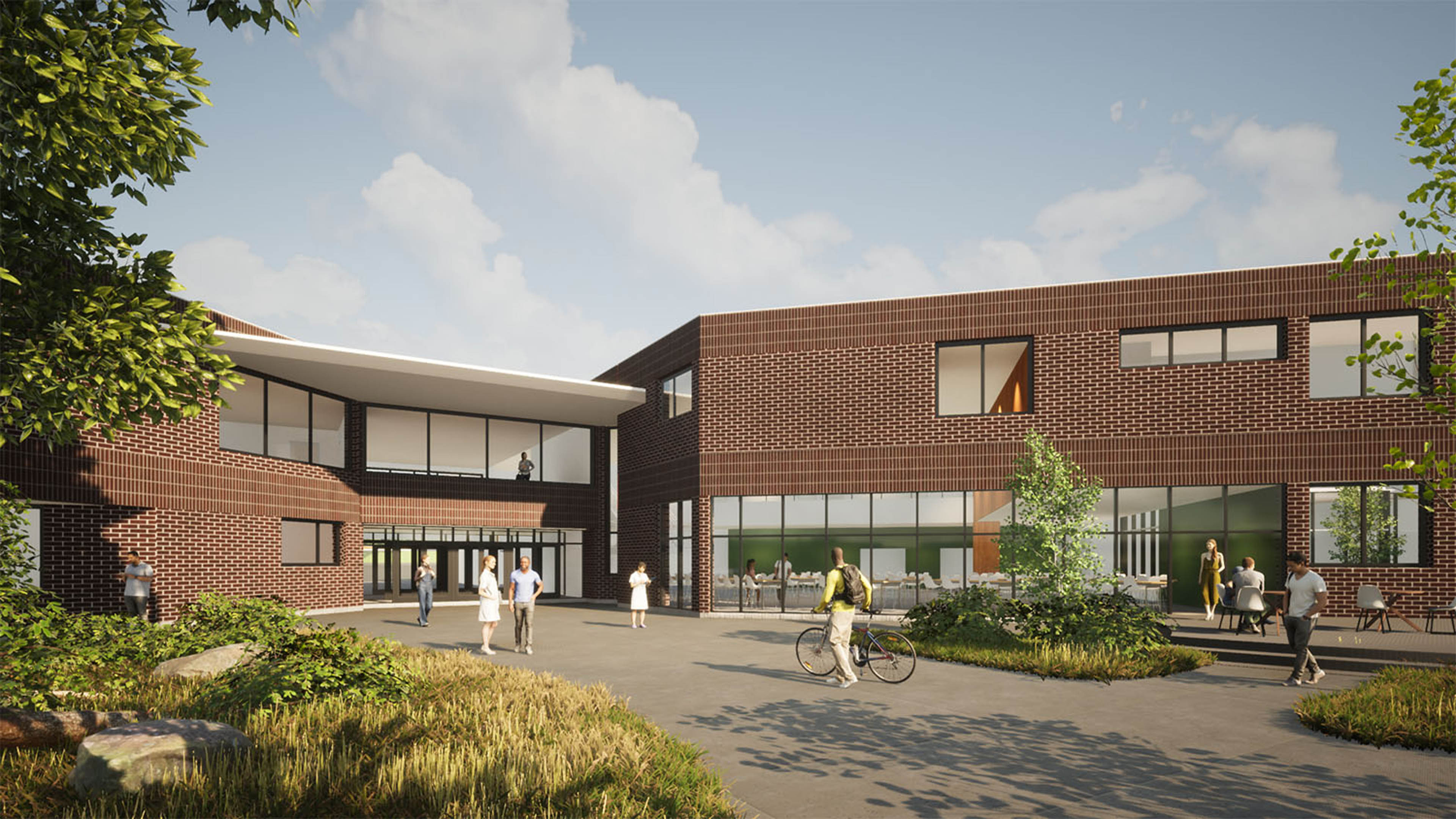 Rendering of entry of school trees to the left and planters in middle, students walking to and from 