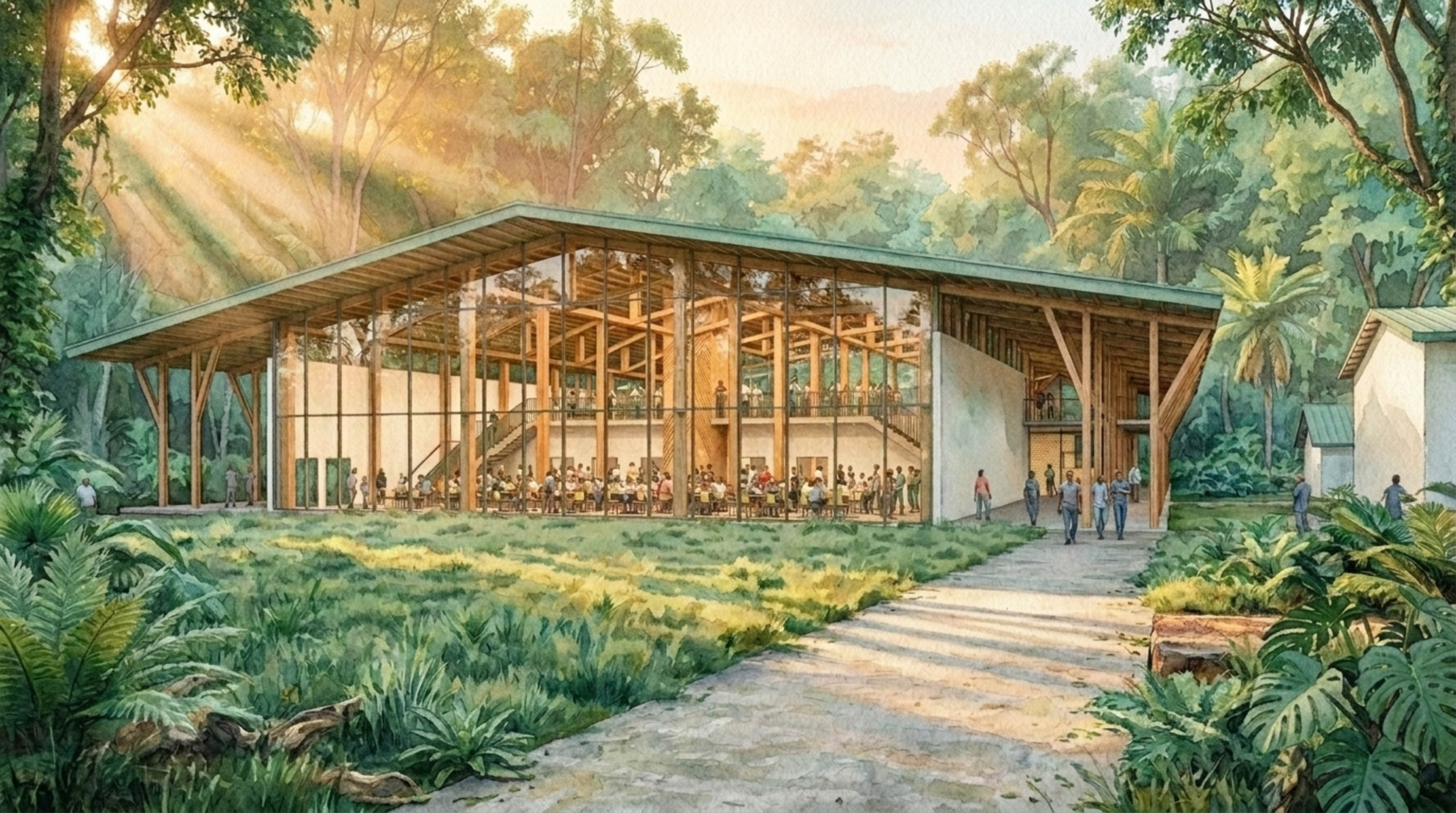 Watercolor rendering of building in middle of forrest with light pouring in and big windows