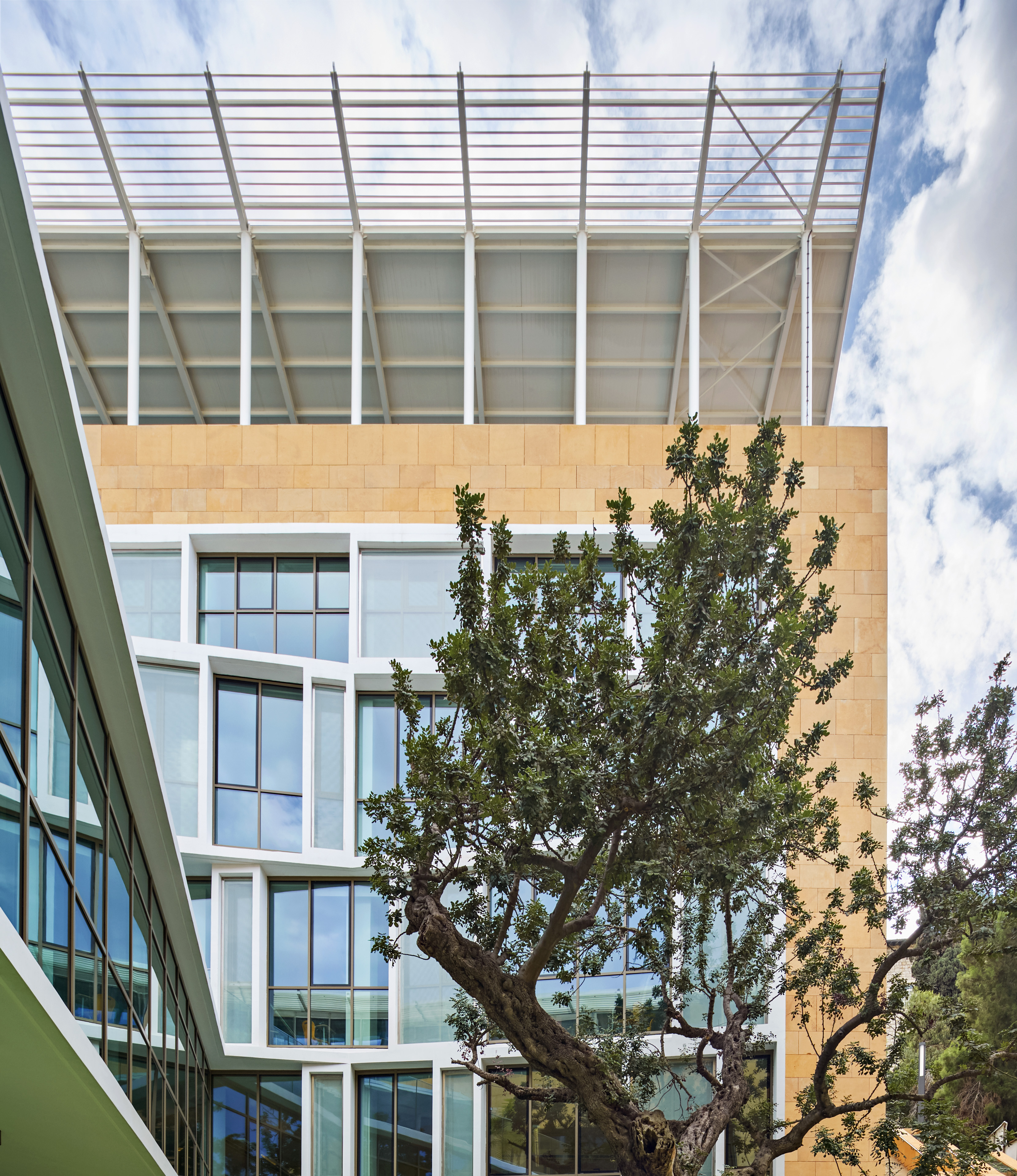 Close up of the alternating windows patterns along exterior with tree to the right