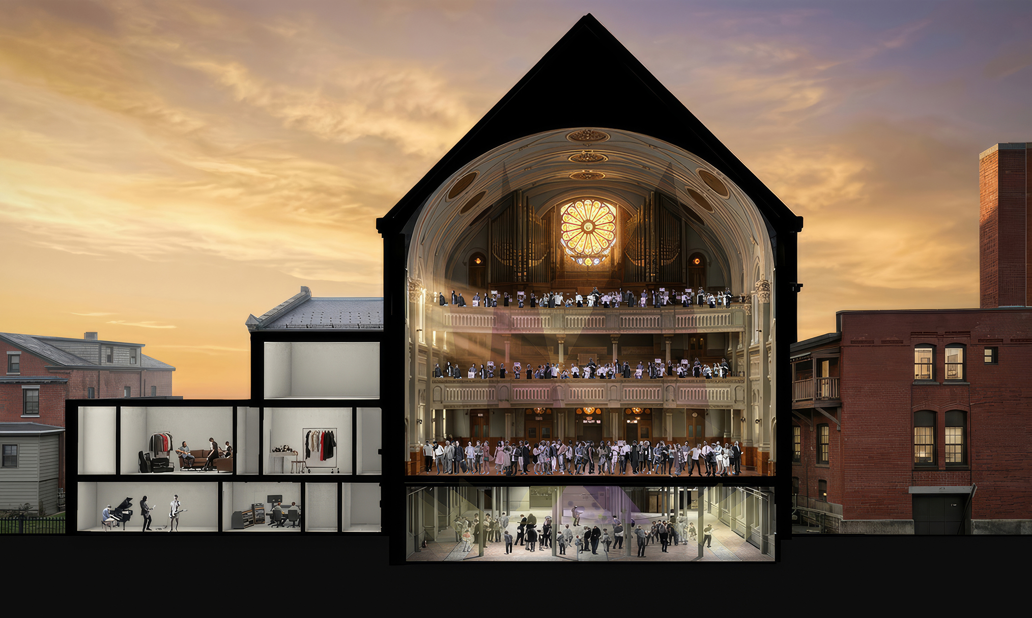 Rendering of transverse section plan, right side with patrons in church building enjoying music and left side with studio rooms in renovated building