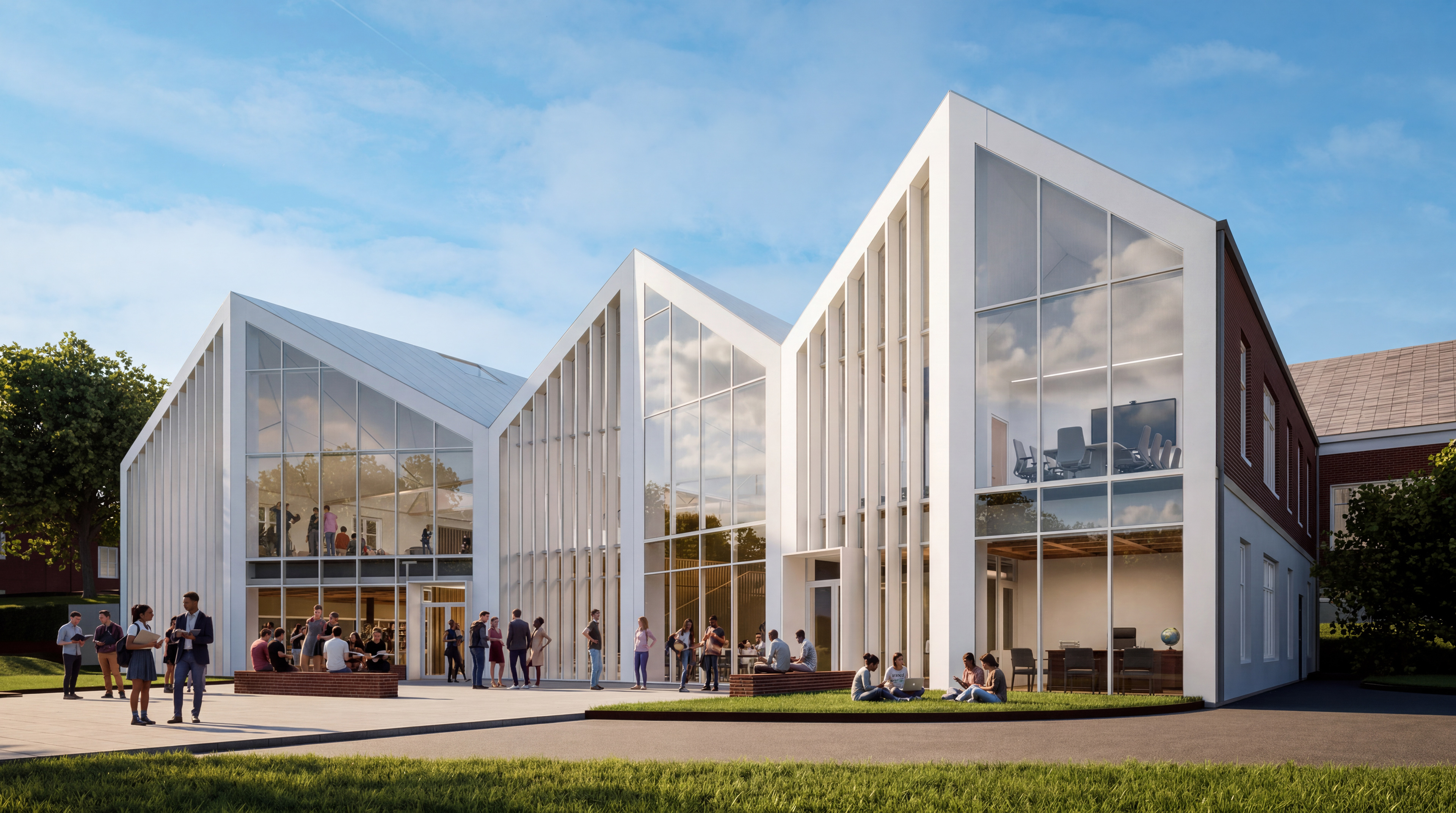 Rendering of back of building with windows extending entire length. Students hanging out at exterior seating options