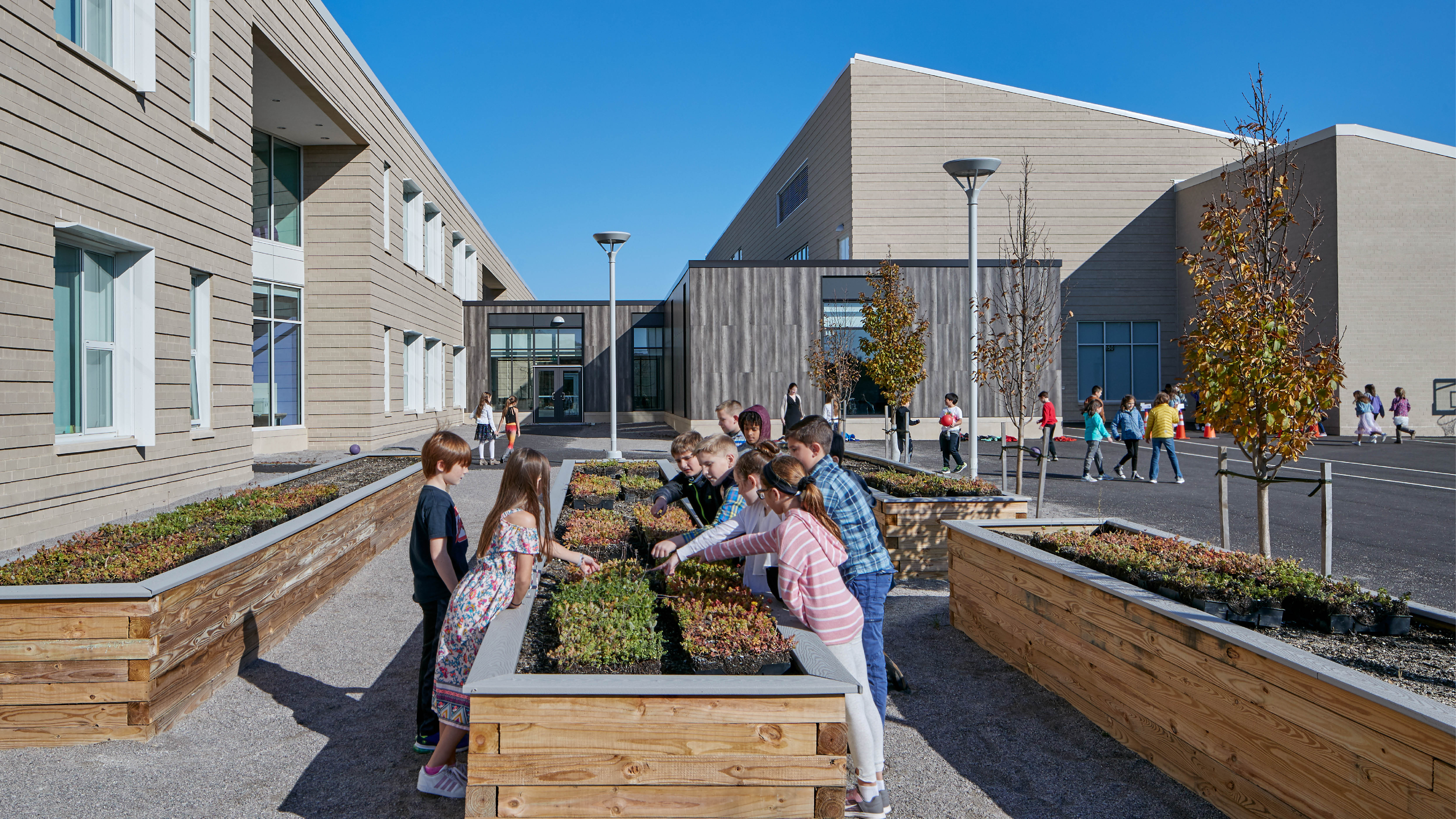 Students look at flower planters near entrance of school Bourne Intermediate School 