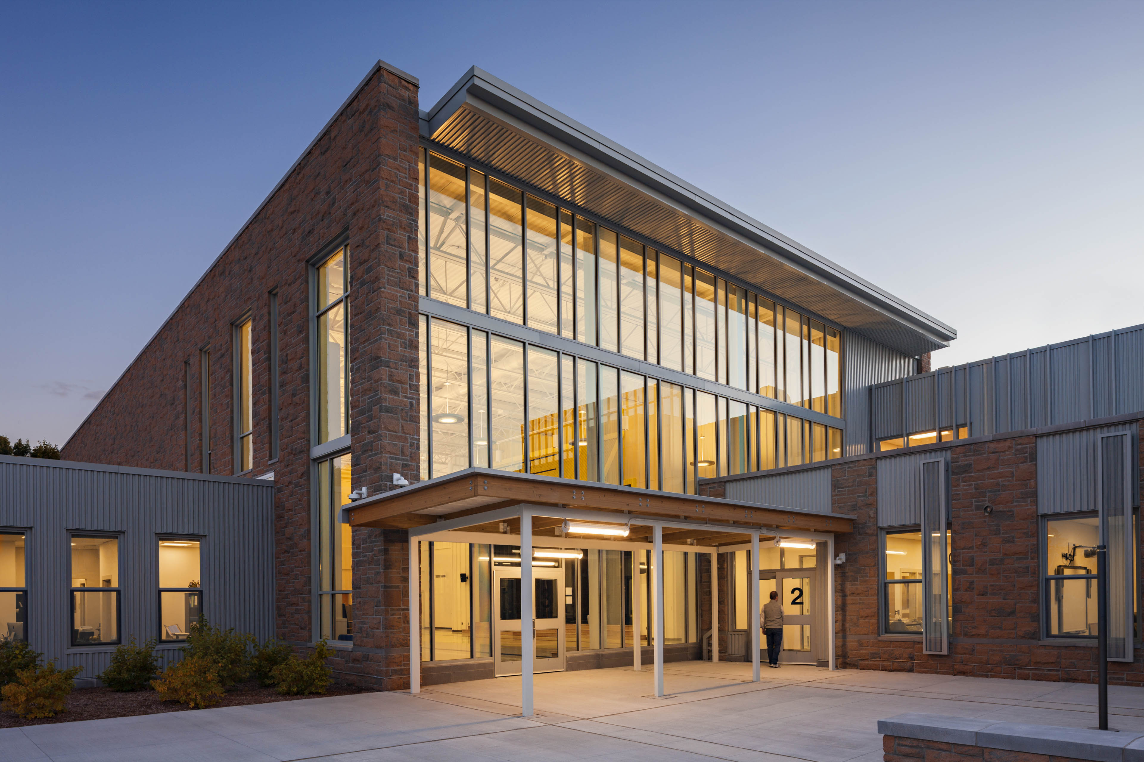 Exterior of entrance at dusk