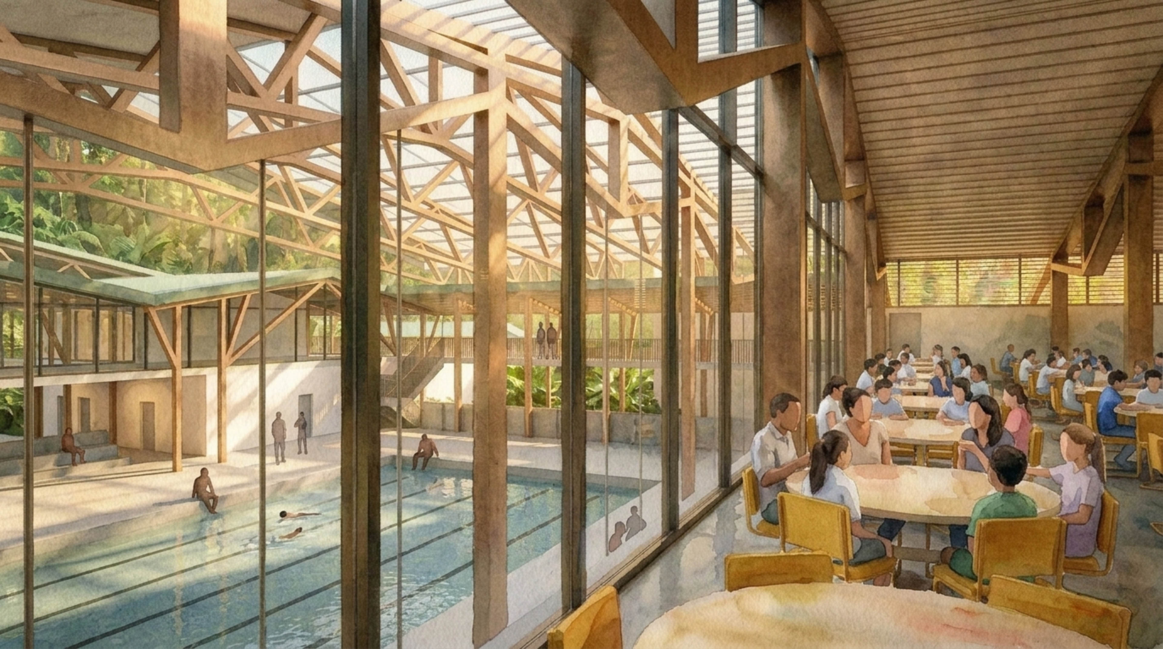 Watercolor rendering of students sitting at round tables in cafeteria overlooking swim pool to left
