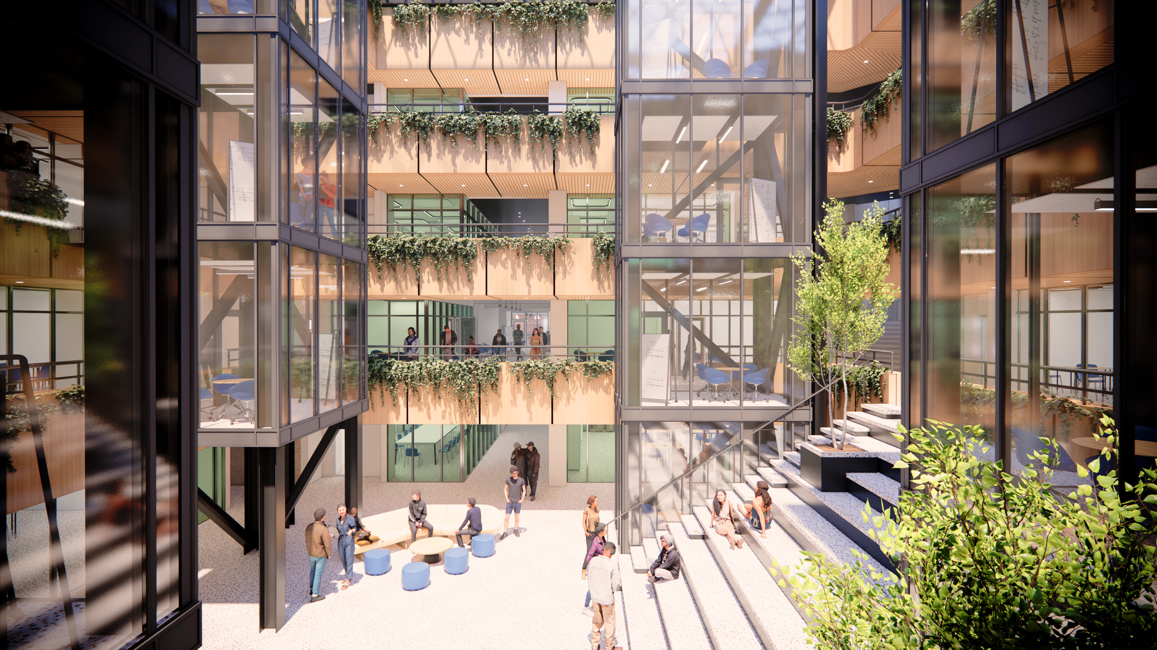 Rendering of interior atrium with light pouring in and stadium seating to the right. Trees placed on right