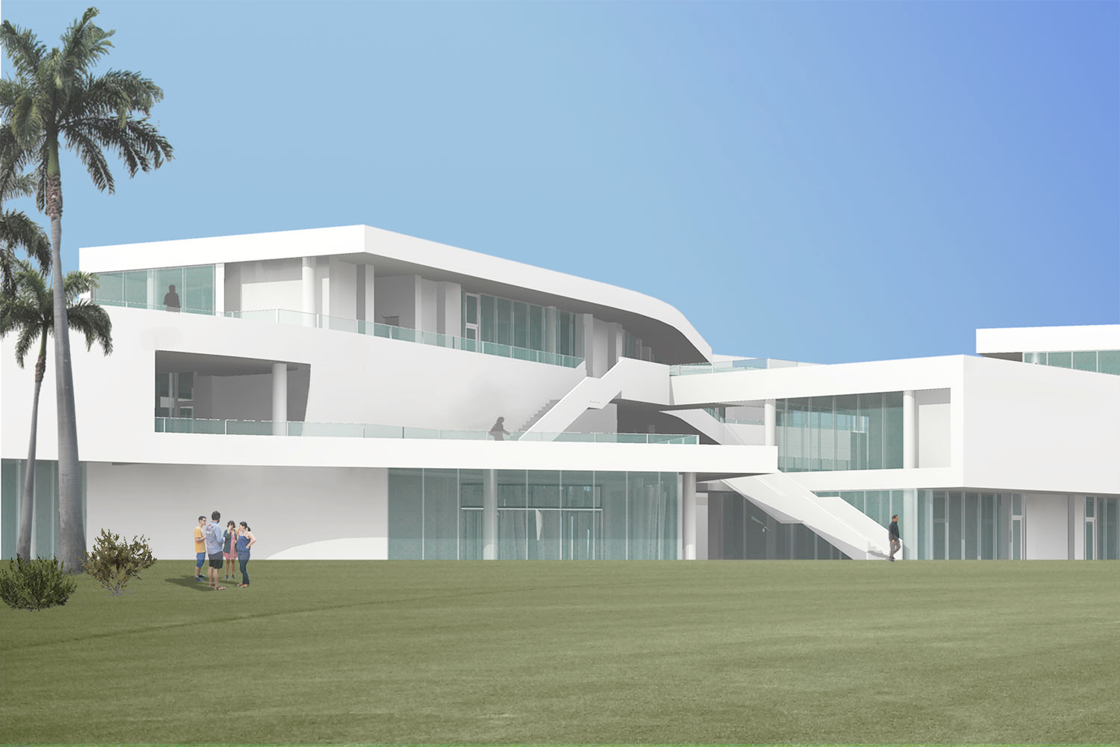 Rendering of view from green area with school in background, floor to ceiling windows and white walls, palm trees to left