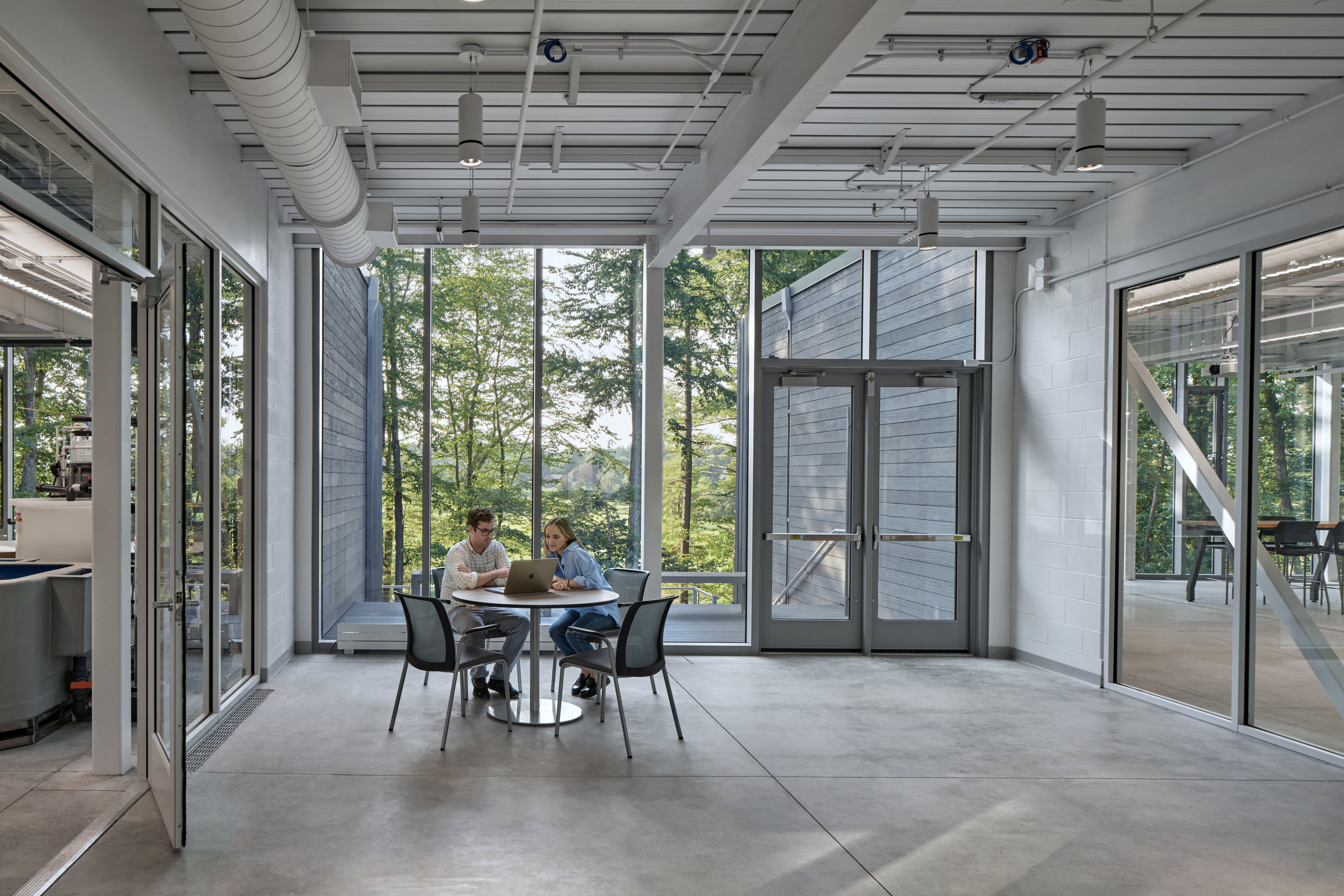 students sat in corridor at table with chairs and classrooms on both sides. Windows on back wall looking at tall trees