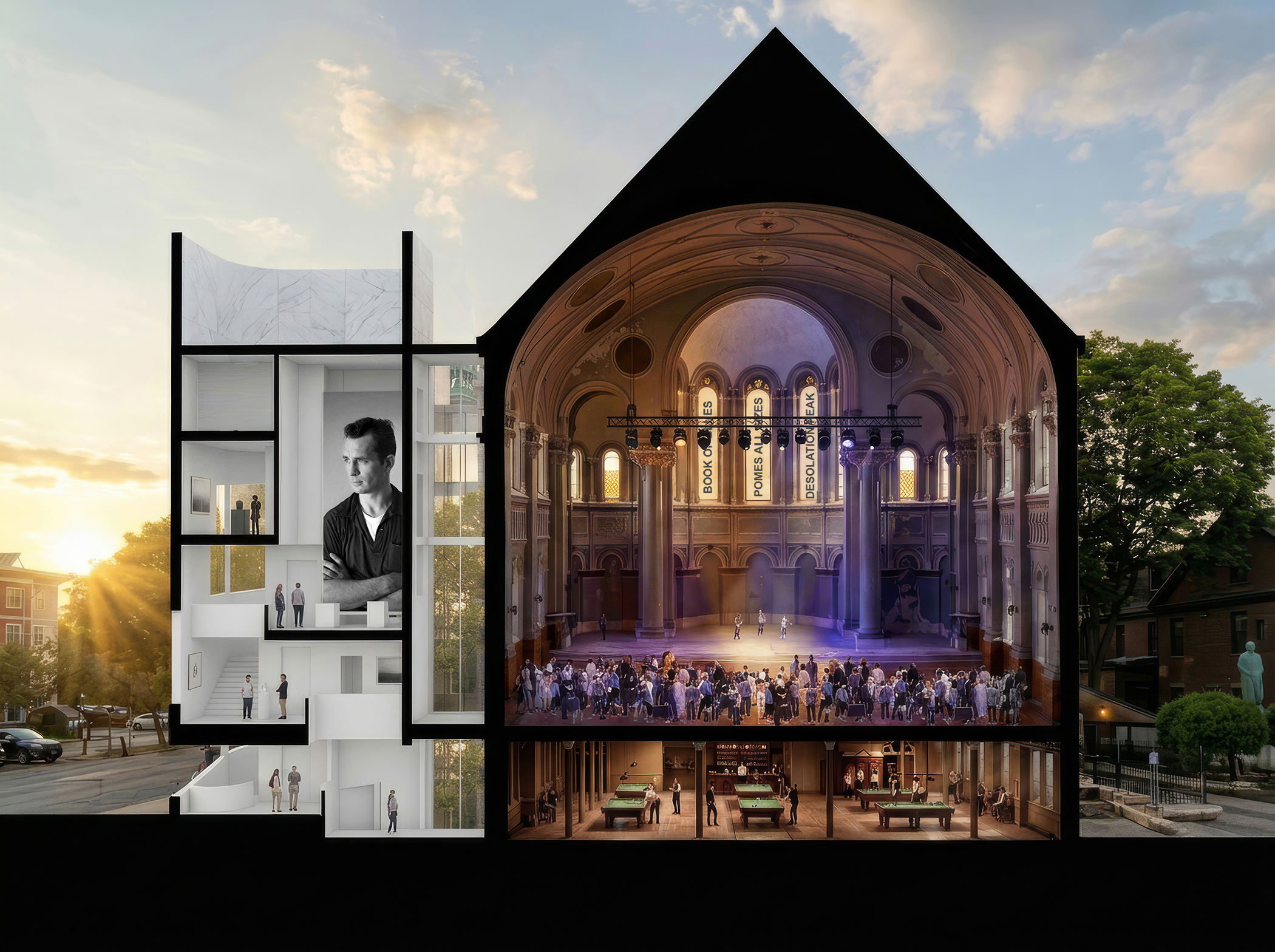 Rendering of transverse section plan, right side with patrons in church building enjoying music and left side with Jack Kerouac educational area