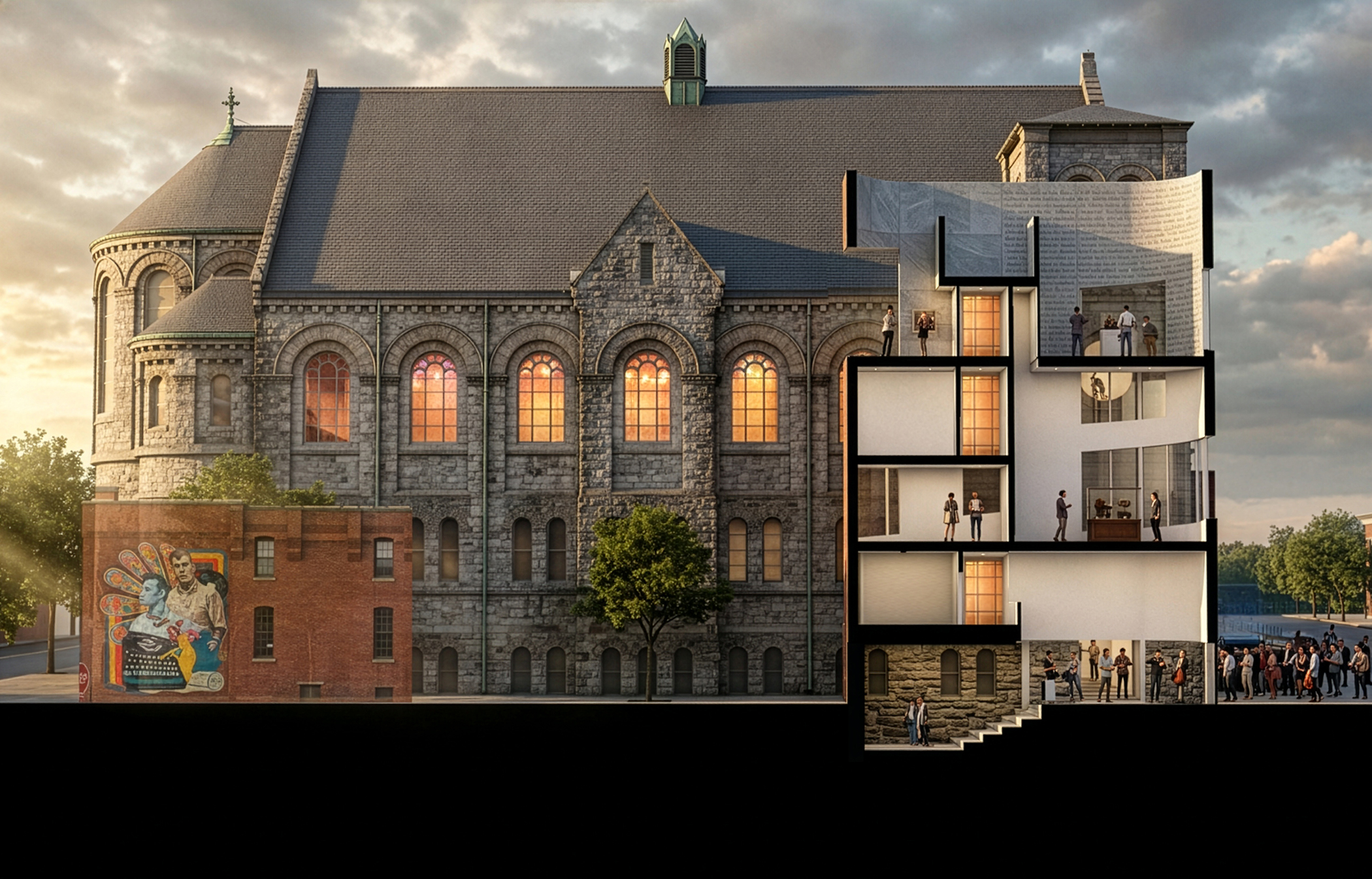 Rendering of side view with right side with Jack Kerouac educational area, and church building to the left