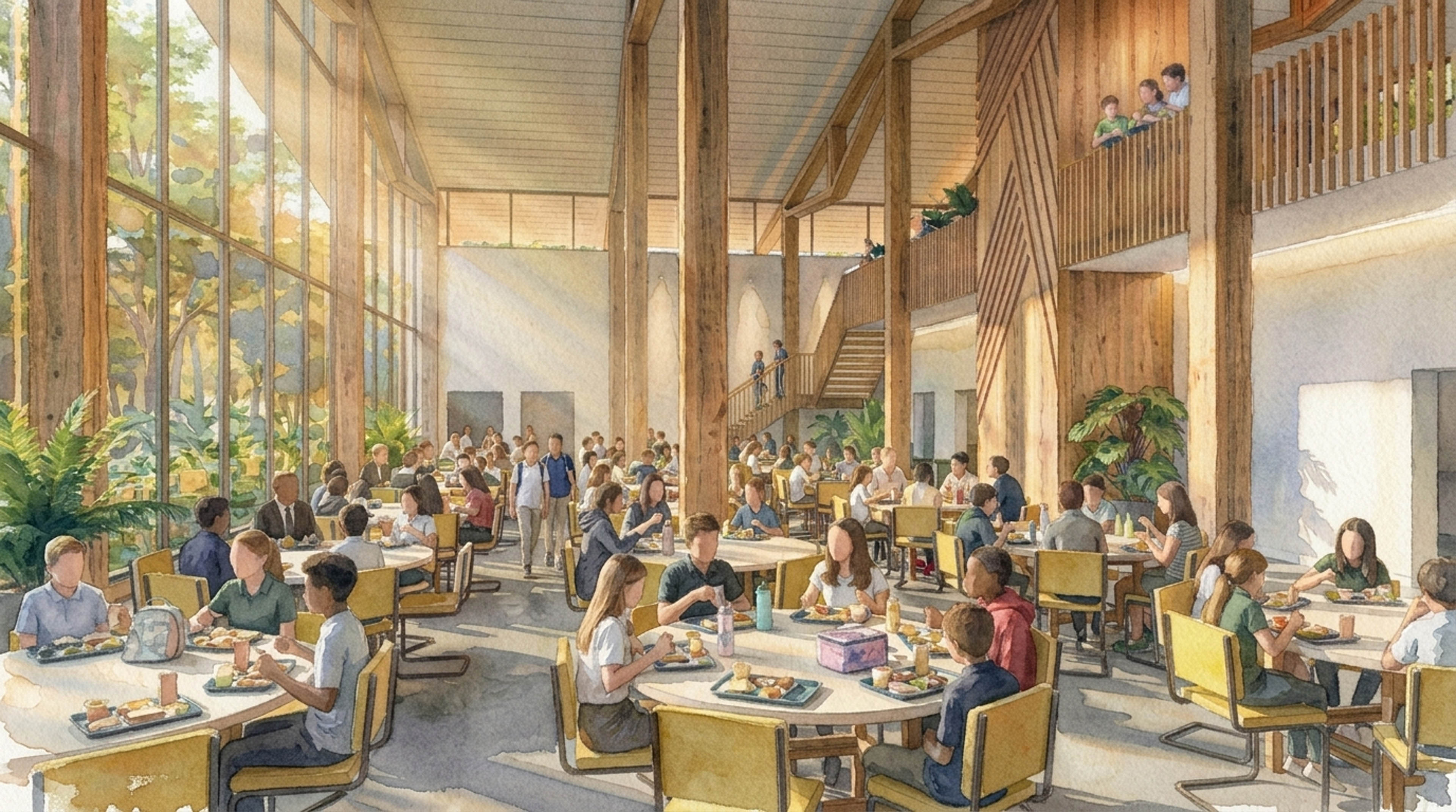 Watercolor rendering of cafeteria with students sitting at tables with light pouring in