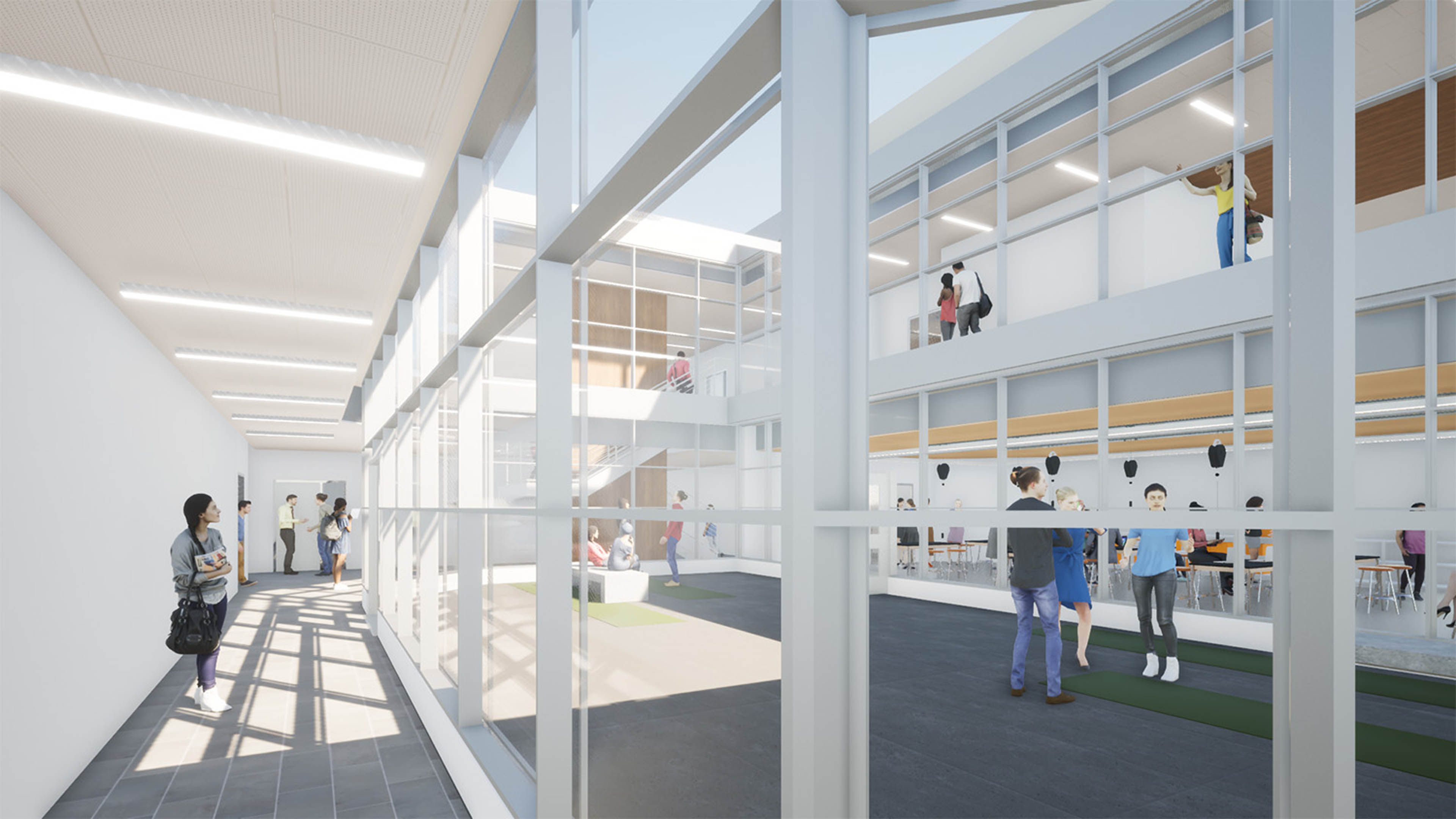 Rendering of side view to courtyard with students chatting and walking down corridors