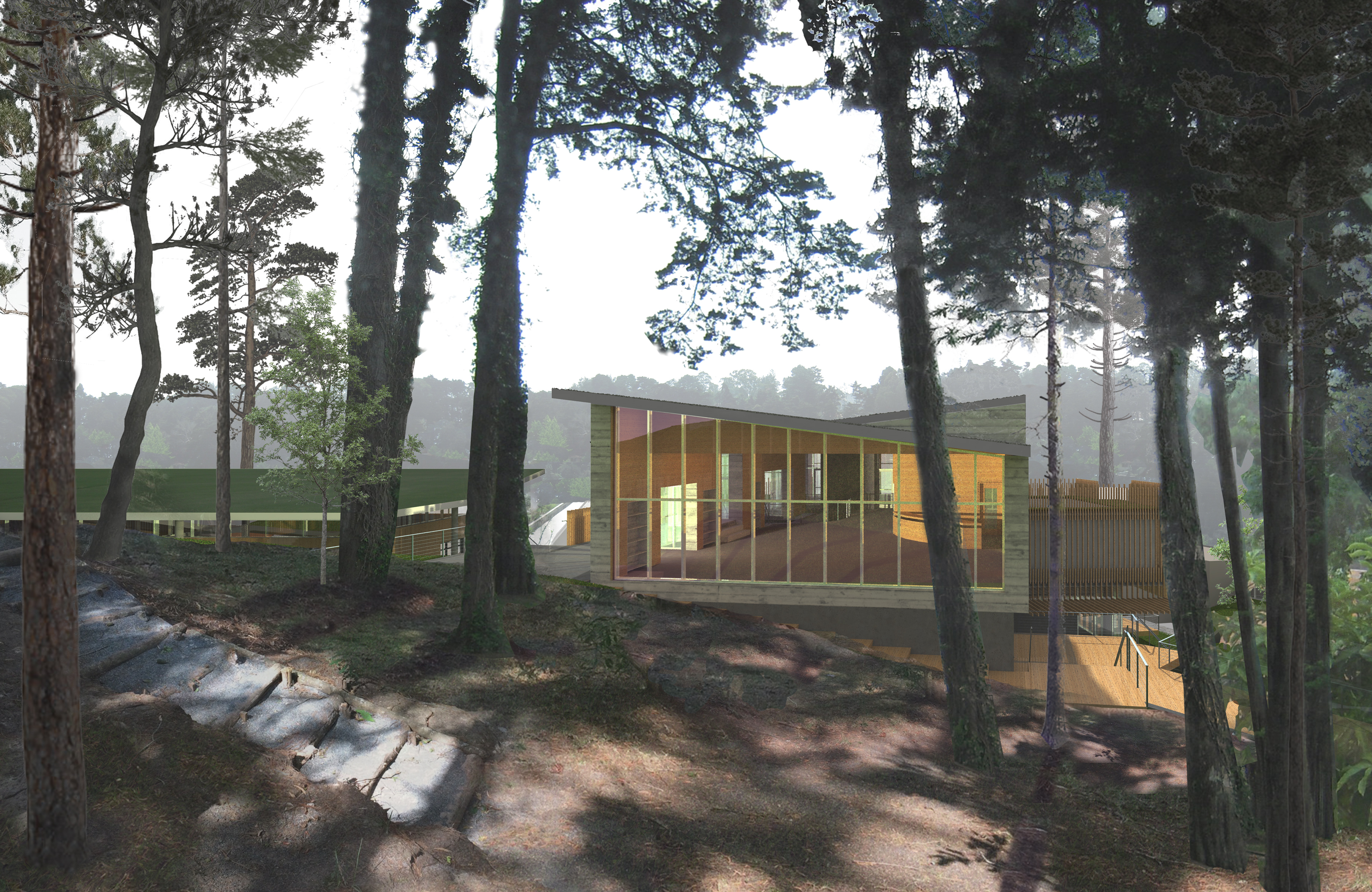 Rendering of side angle with long vertical windows spanning exterior wall, stairs to the right and surrounded by tall trees