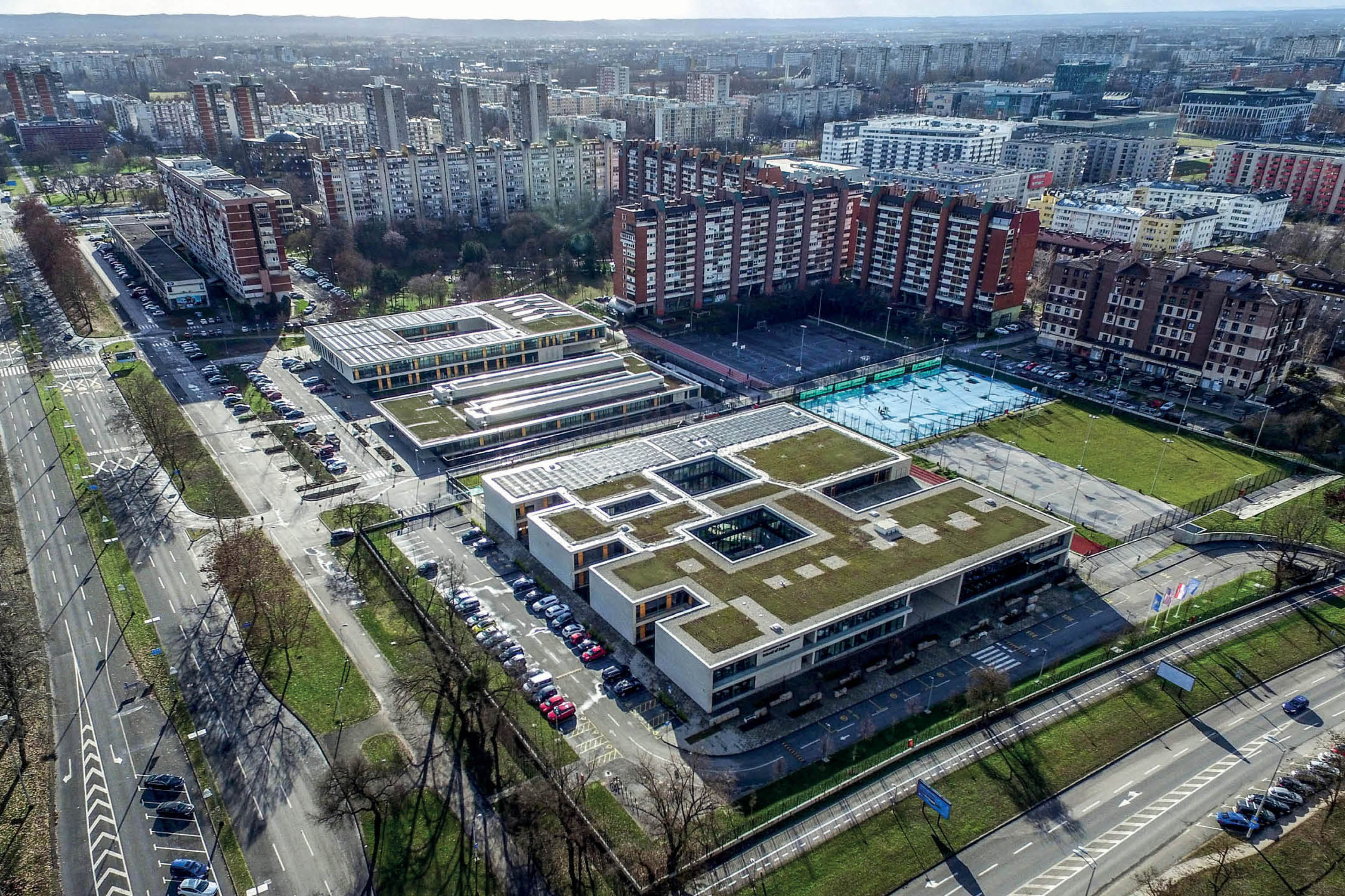Multi-School Središće Educational Complex with an overview of the city of Zagreb, Croatia 