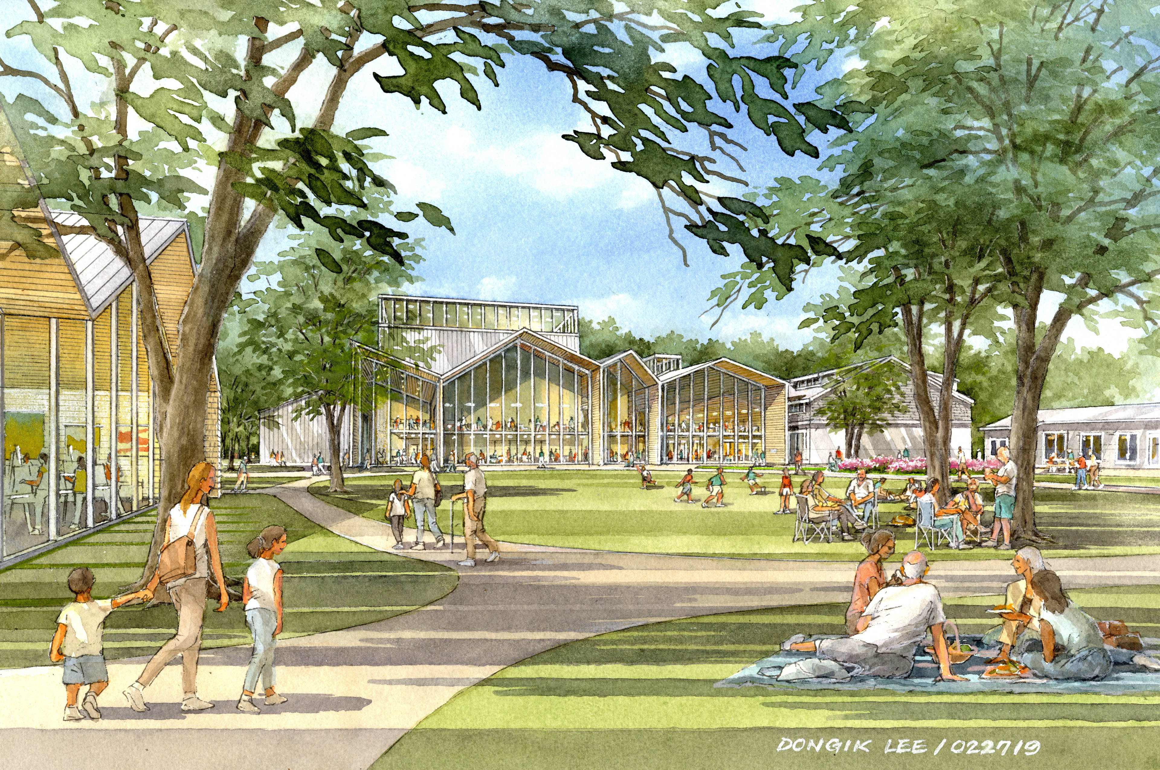 Watercolor rendering of Contuit Center in Cape Cod, Massachusetts featuring buildings with natural light and large windows and surrounding nature