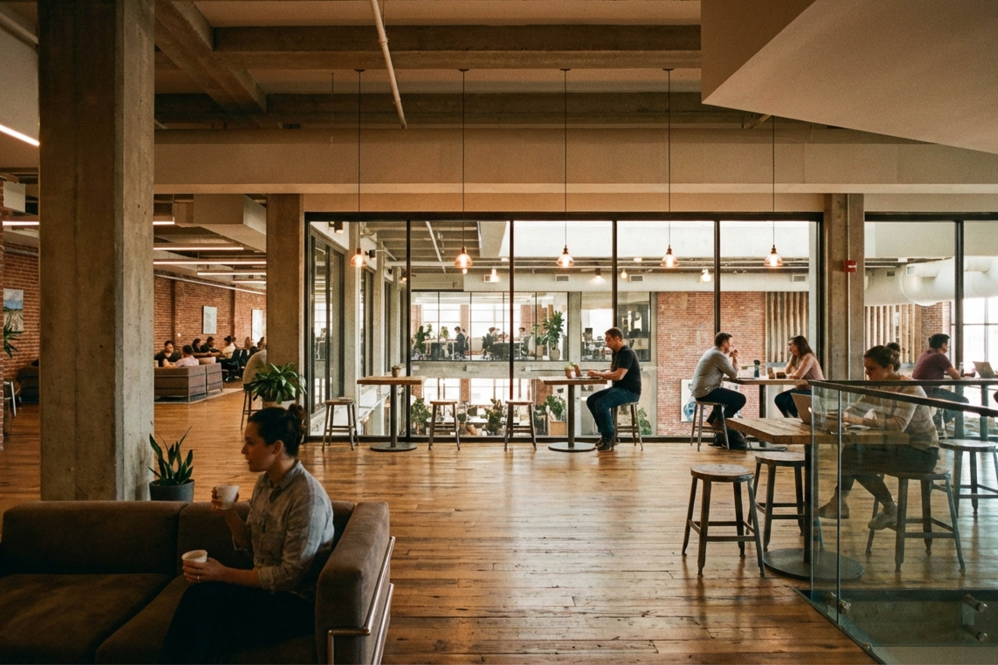 People sitting in atrium area, wood floors and large windows in back