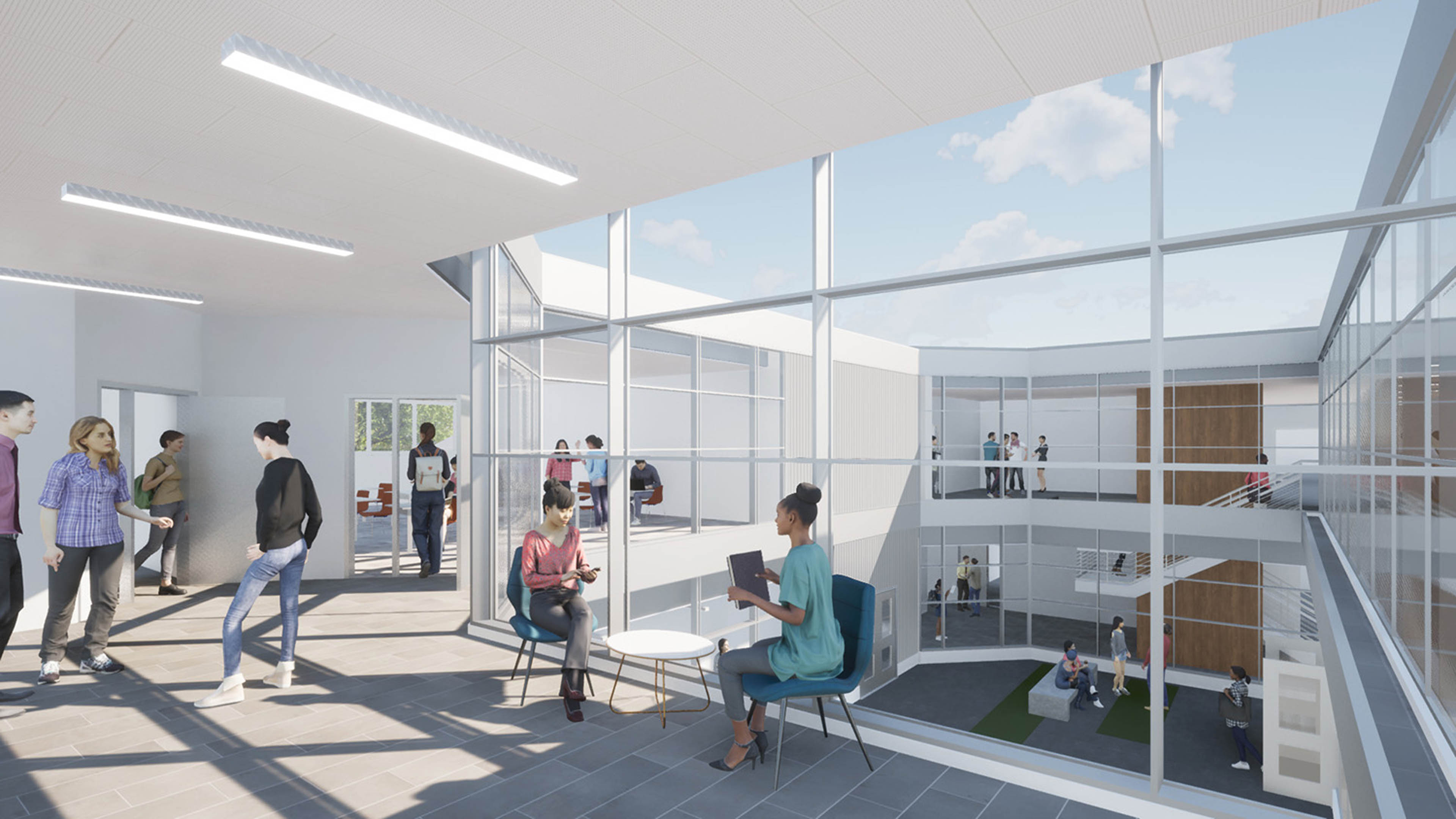 rendering of corridor with wide window frames looking at outdoor atrium with students sitting and chatting