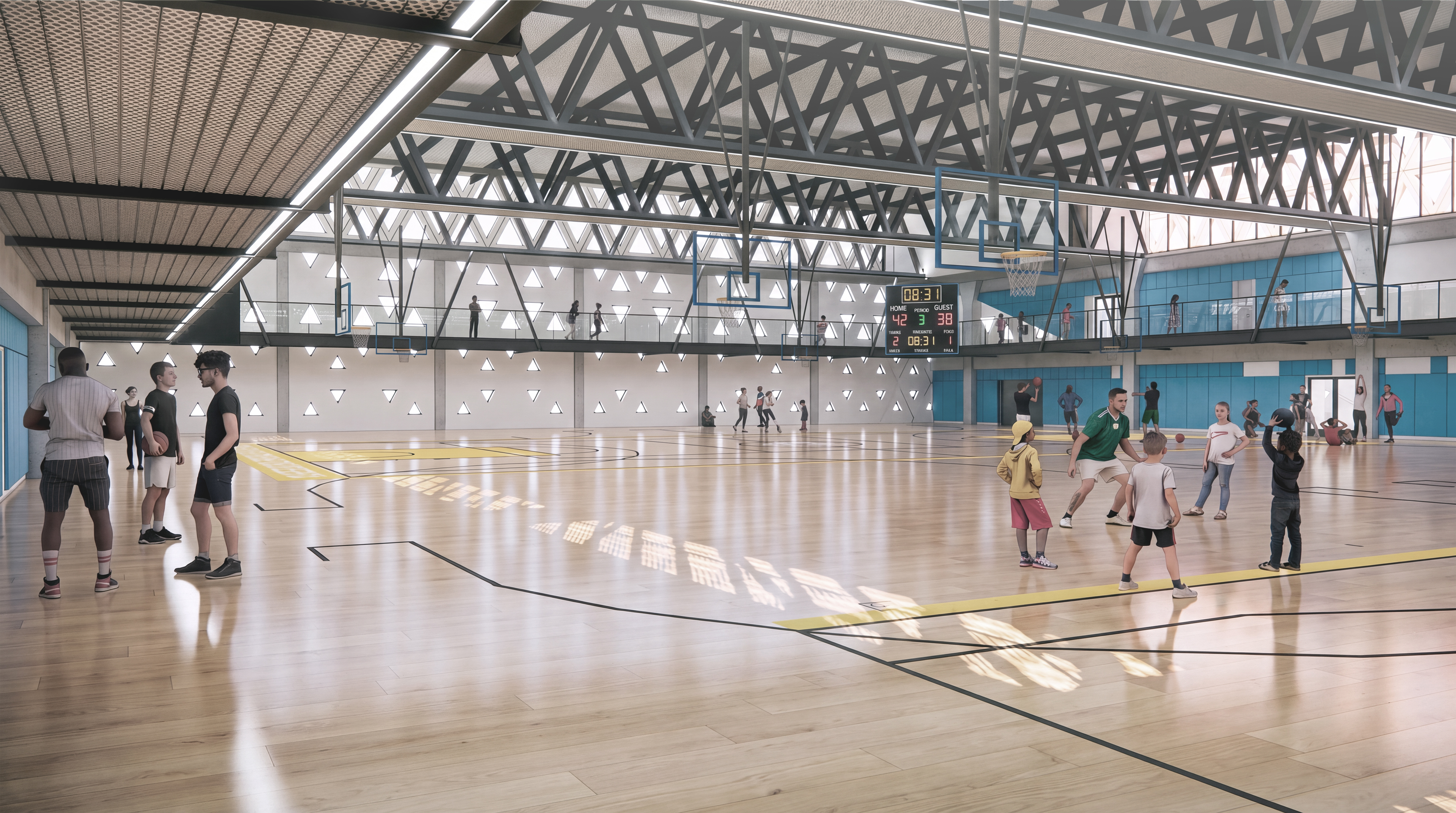 Rendering of gymnasium and students practicing basketball