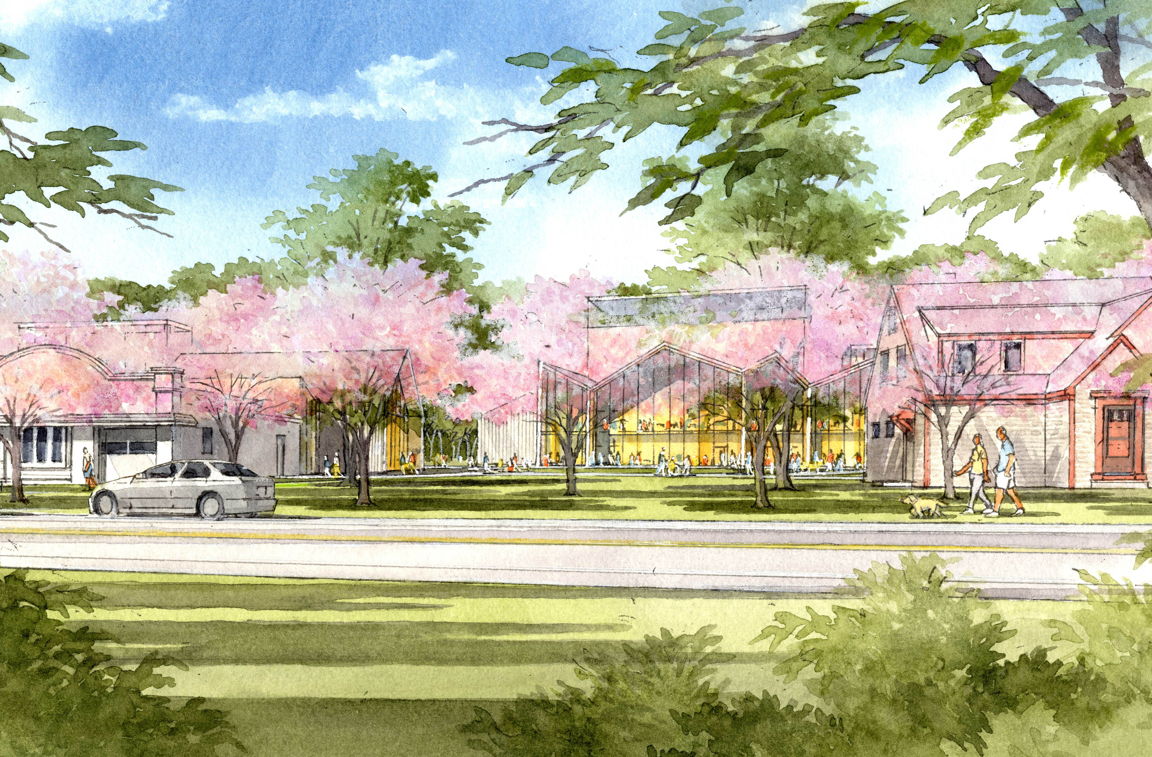 Watercolor rendering of school with cherry blossom trees in front