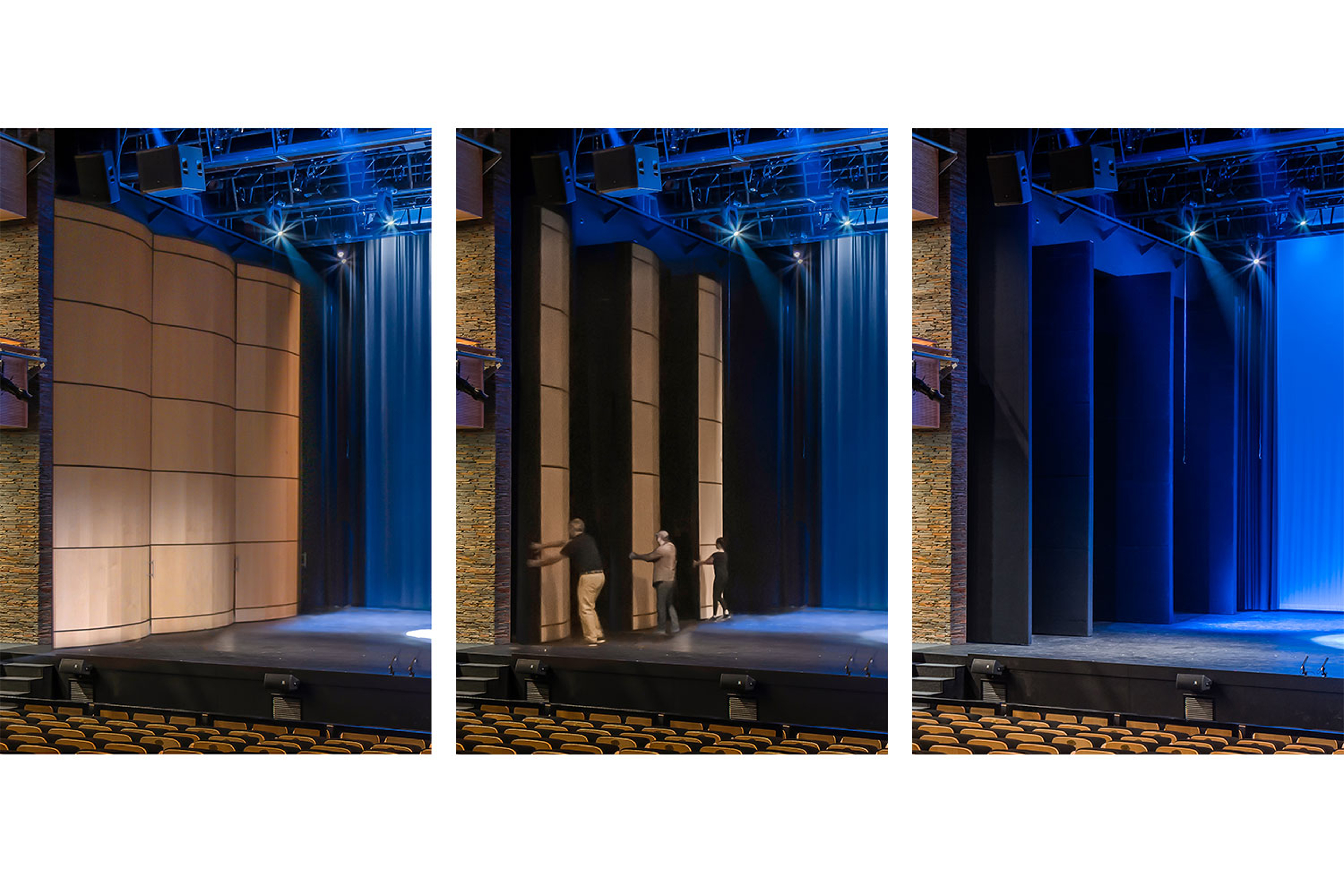 Tri-fold image showing stages of retractable walls to left of stage. First image end result, second image rendering of people pulling wall doors, third image wall pieces turned to side