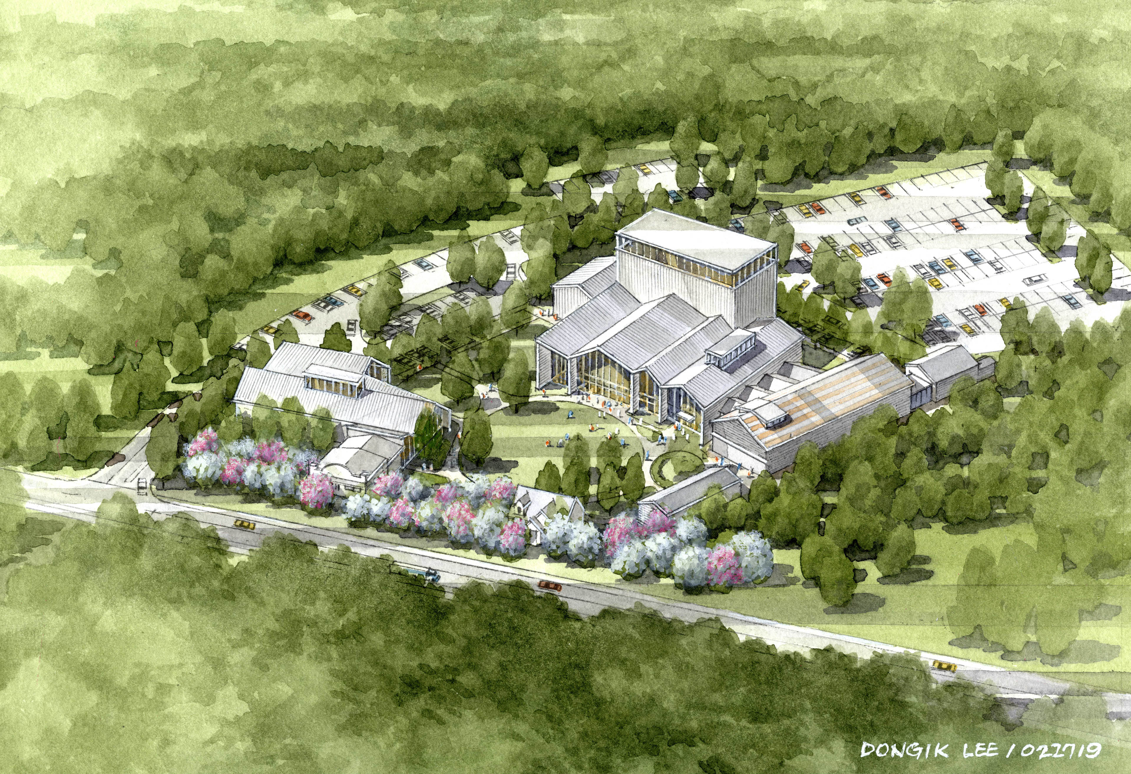 Watercolor rendering of aerial view of building with colorful trees in front area, and greenery surrounding on both sides
