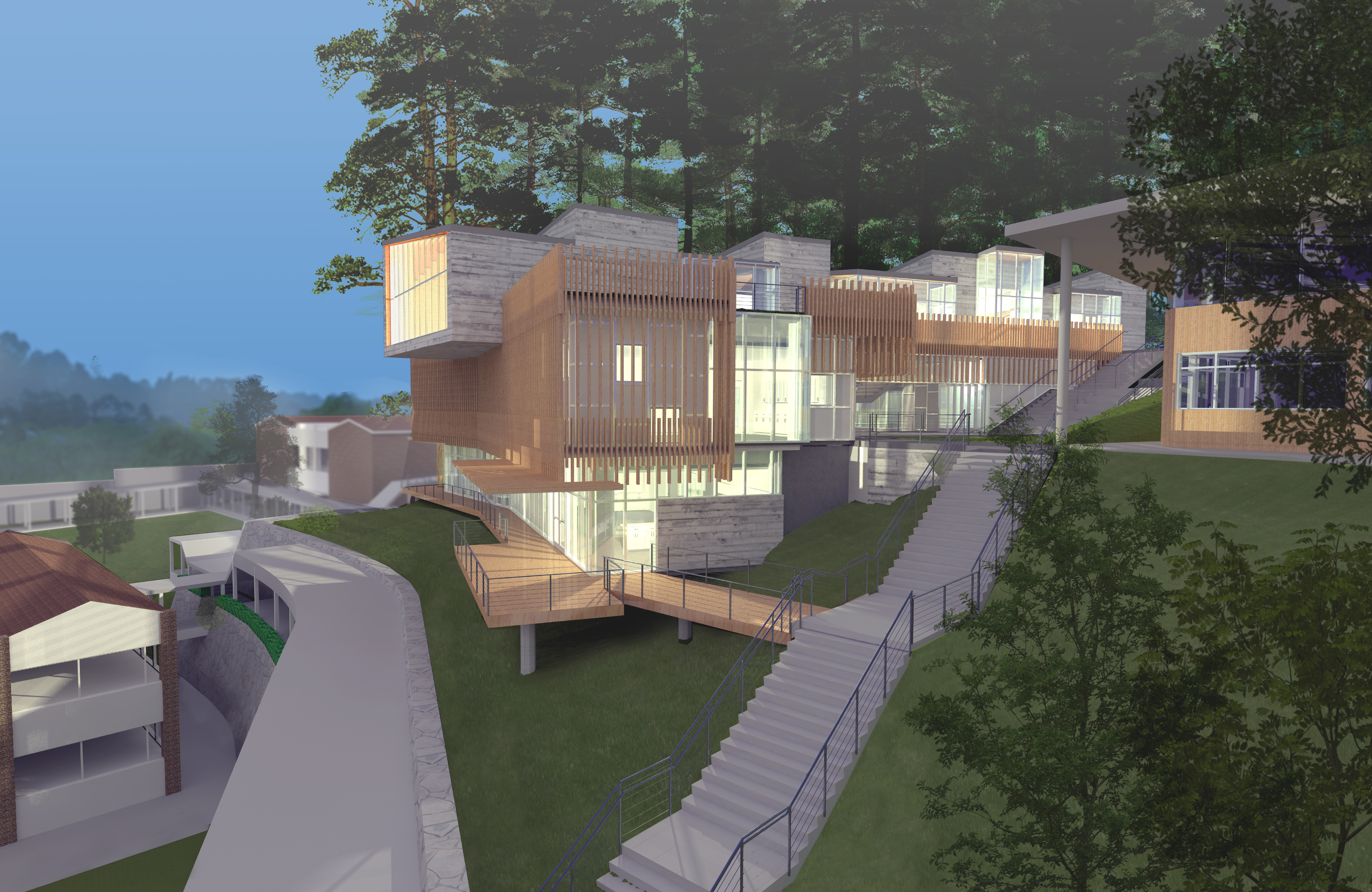 Rendering of site with building on hill with stairs to the right and tall trees behind