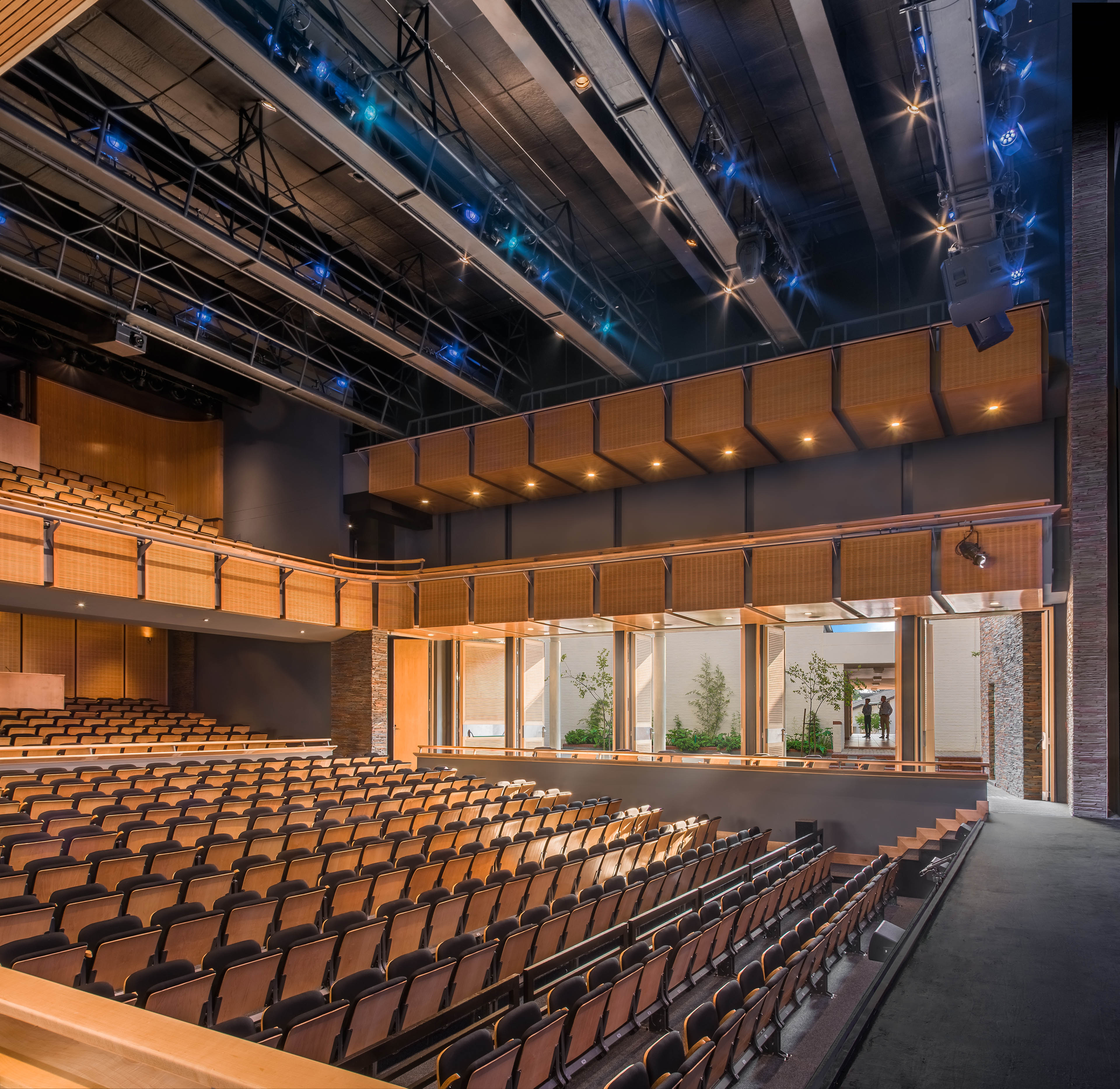 Side angle view of main seating area looking out at courtyard